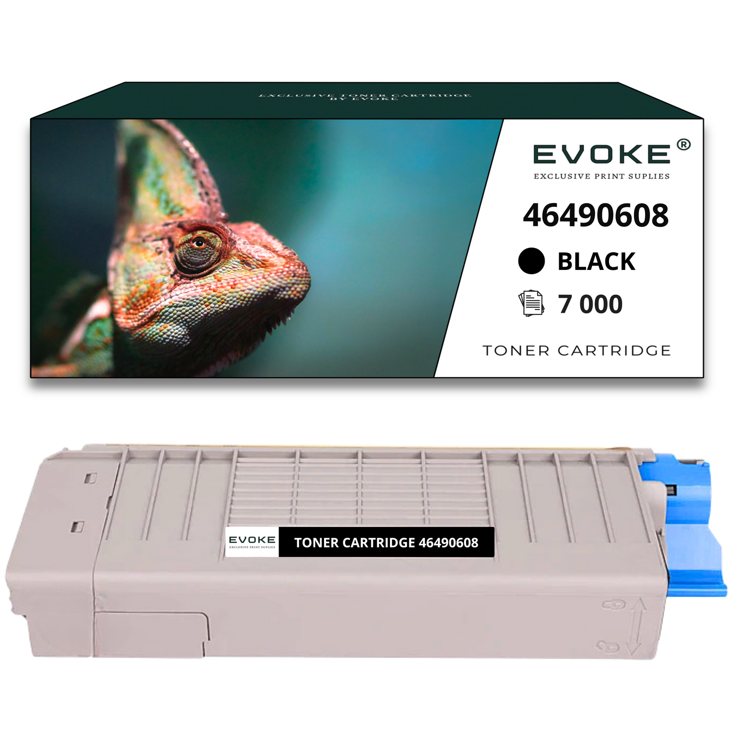 Kameleon na pudełku z danymi o tonerze. Wkład znajduje się na pierwszym planie, w kolorach niebieskim i szarym.