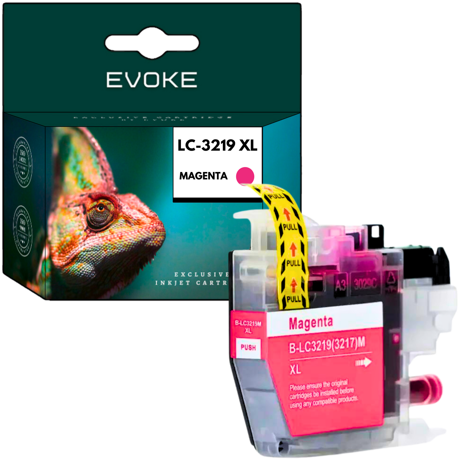 Pokazano pudełko i wkład atramentowy z tuszem magenta. Pudełko ma obraz kameleona. Wkład ma zawleczkę.