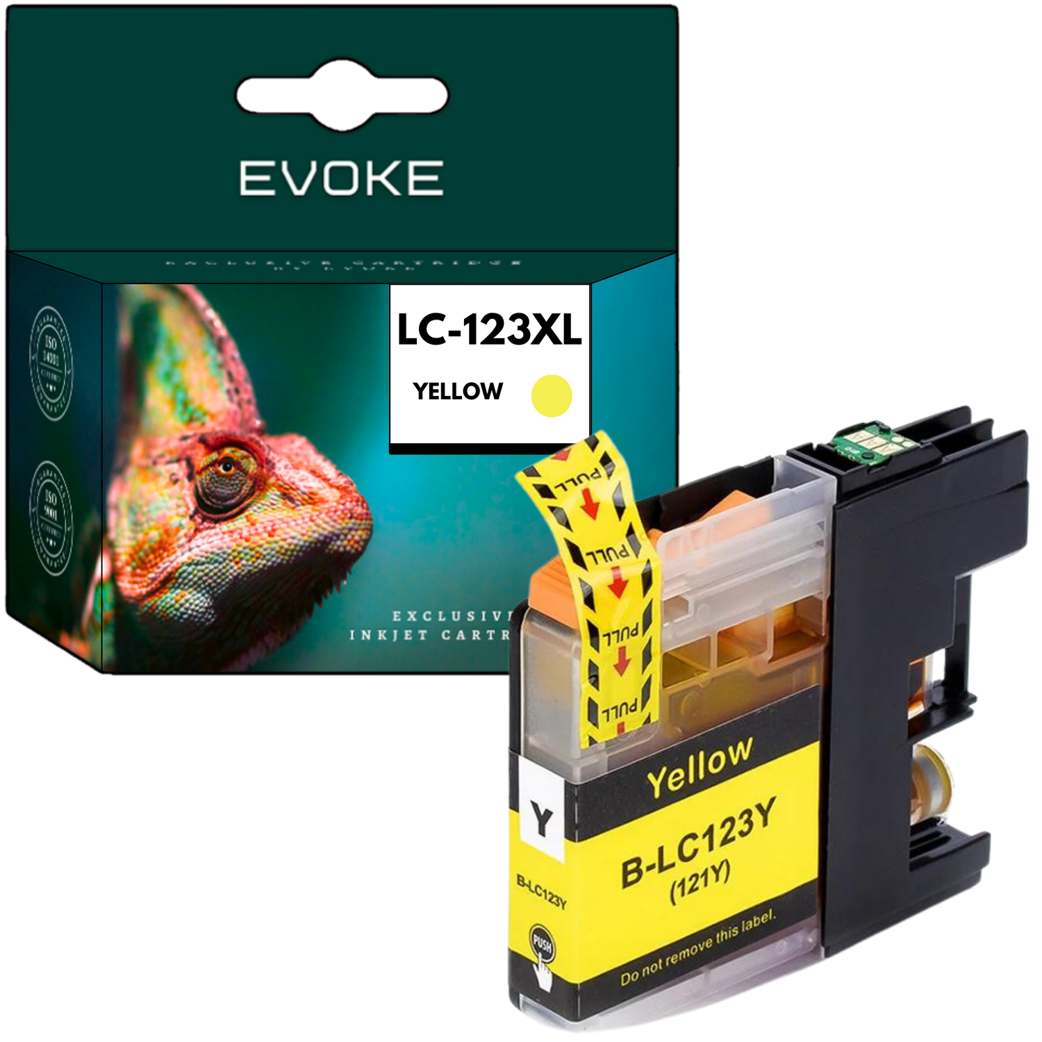 Pudełko z wkładem atramentowym ze zdjęciem kameleona i żółtym wkładem obok. Żółta etykieta na wkładzie brzmi 'Żółty'.