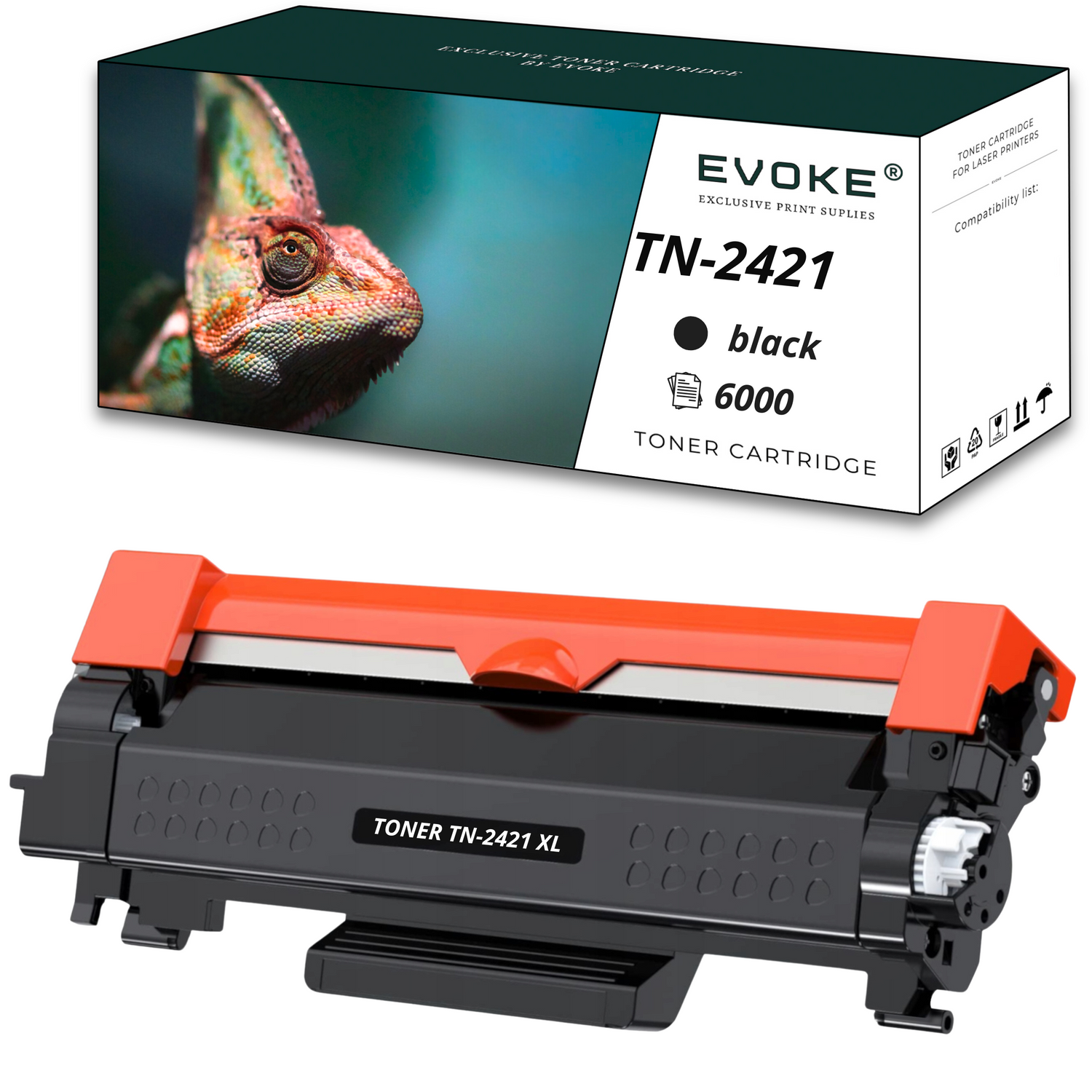 Pudełko z tonerem z wizerunkiem kameleona i czarny toner. Na pudełku napis TN-2421 black.