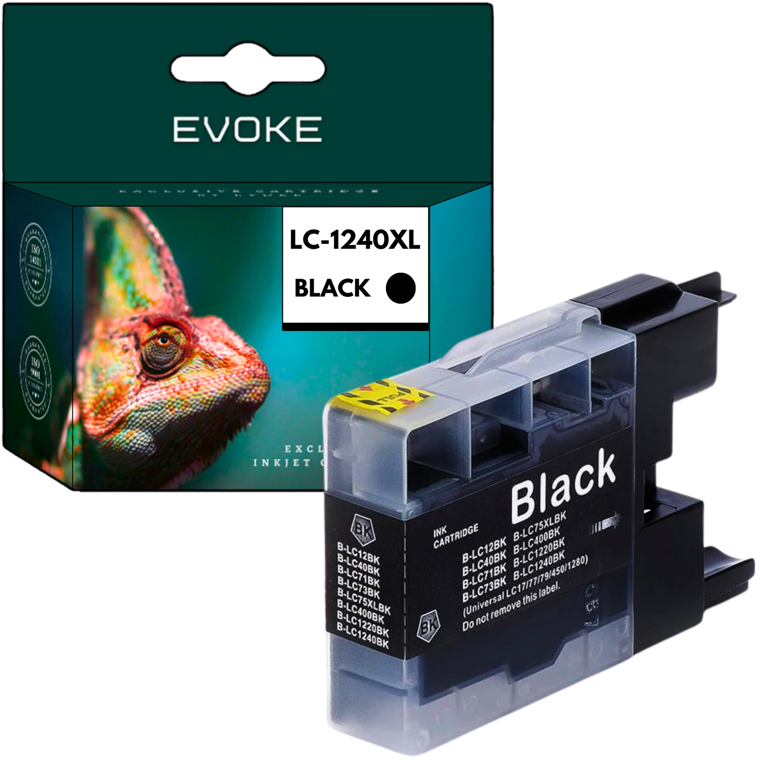 Pudełko z czarnymi wkładami atramentowymi ze zdjęciem kameleona i czarnym wkładem atramentowym.