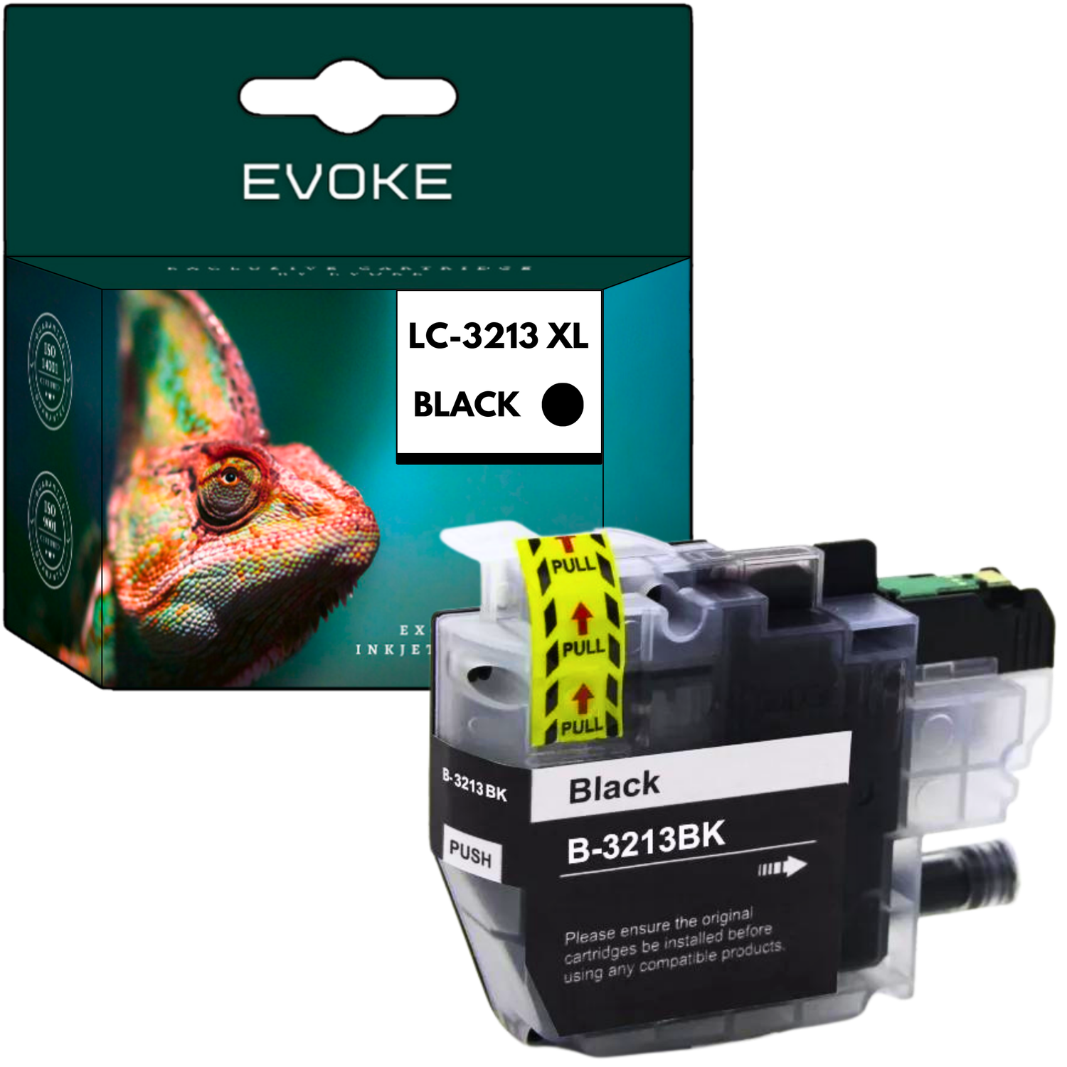 Pudełko ze zdjęciem kameleona i czarny wkład atramentowy z etykietą B-3213BK. Wkład ma żółtą zakładkę do pociągnięcia.