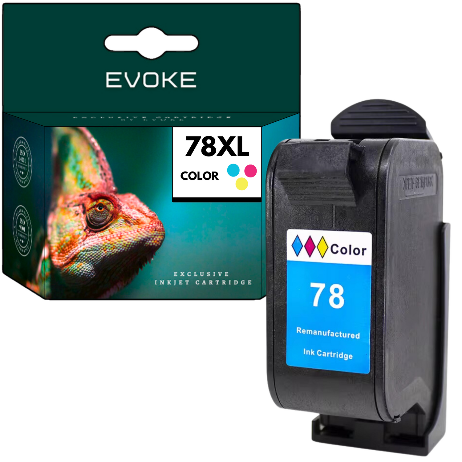 Wyświetlono pudełko z wkładem atramentowym Evoke i czarny wkład atramentowy. Na pudełku widać kameleona. Wkład atramentowy ma napis 78, kolor i regenerowany.