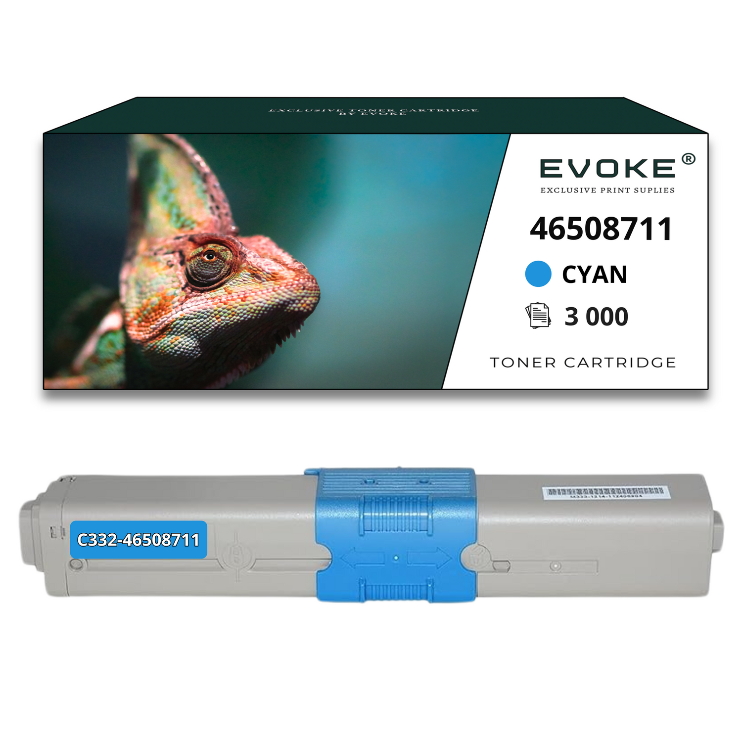 Kameleon na pudełku z napisem "EVOKE" i "CYAN 3 000 Toner Cartridge". Poniżej szary i niebieski wkład do tonera.