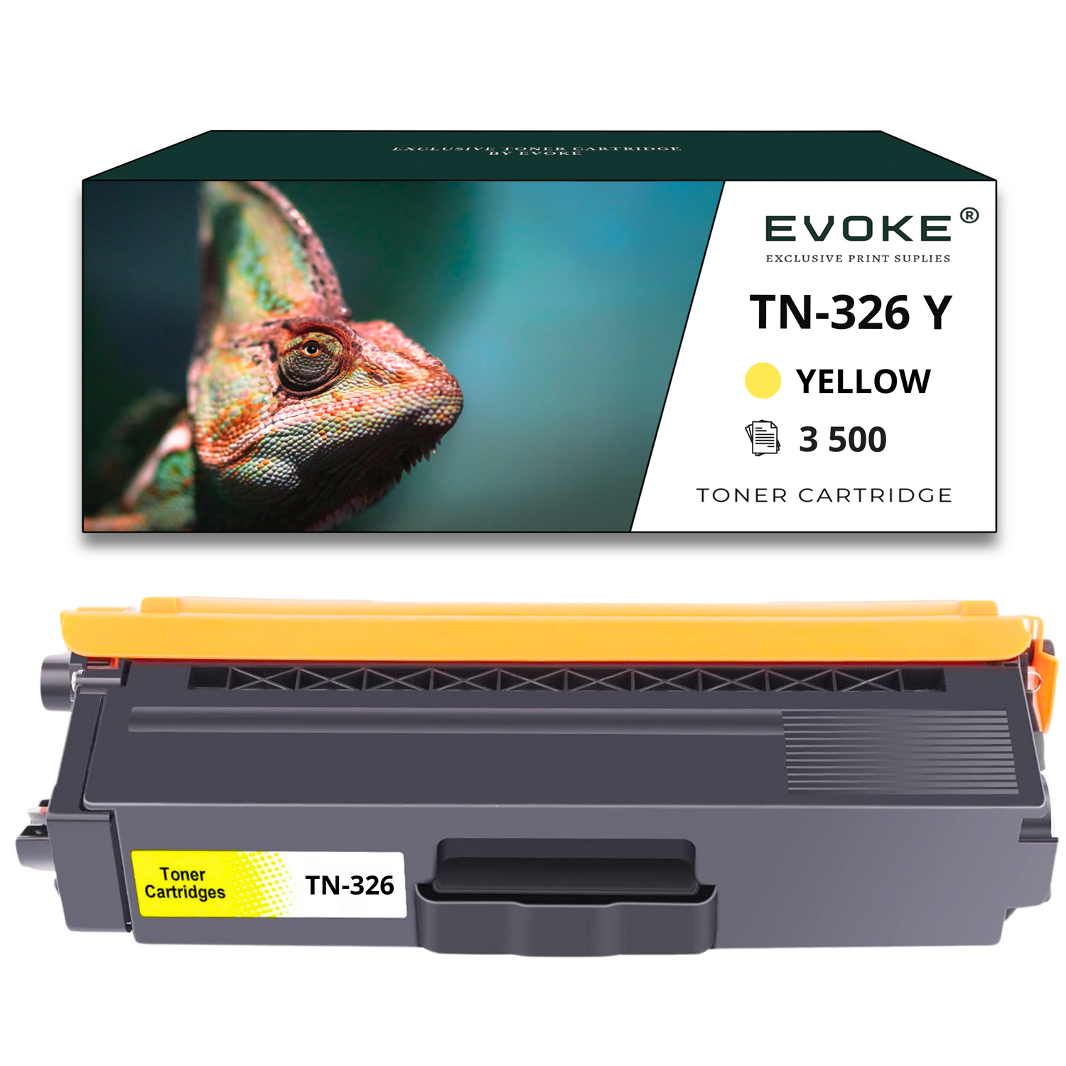 Kameleon na pudełku z tonerem do drukarki. Wkład z tonerem jest żółty i czarny. Tekst brzmi 'TN-326 Y ŻÓŁTY 3500 Toner Cartridge'.