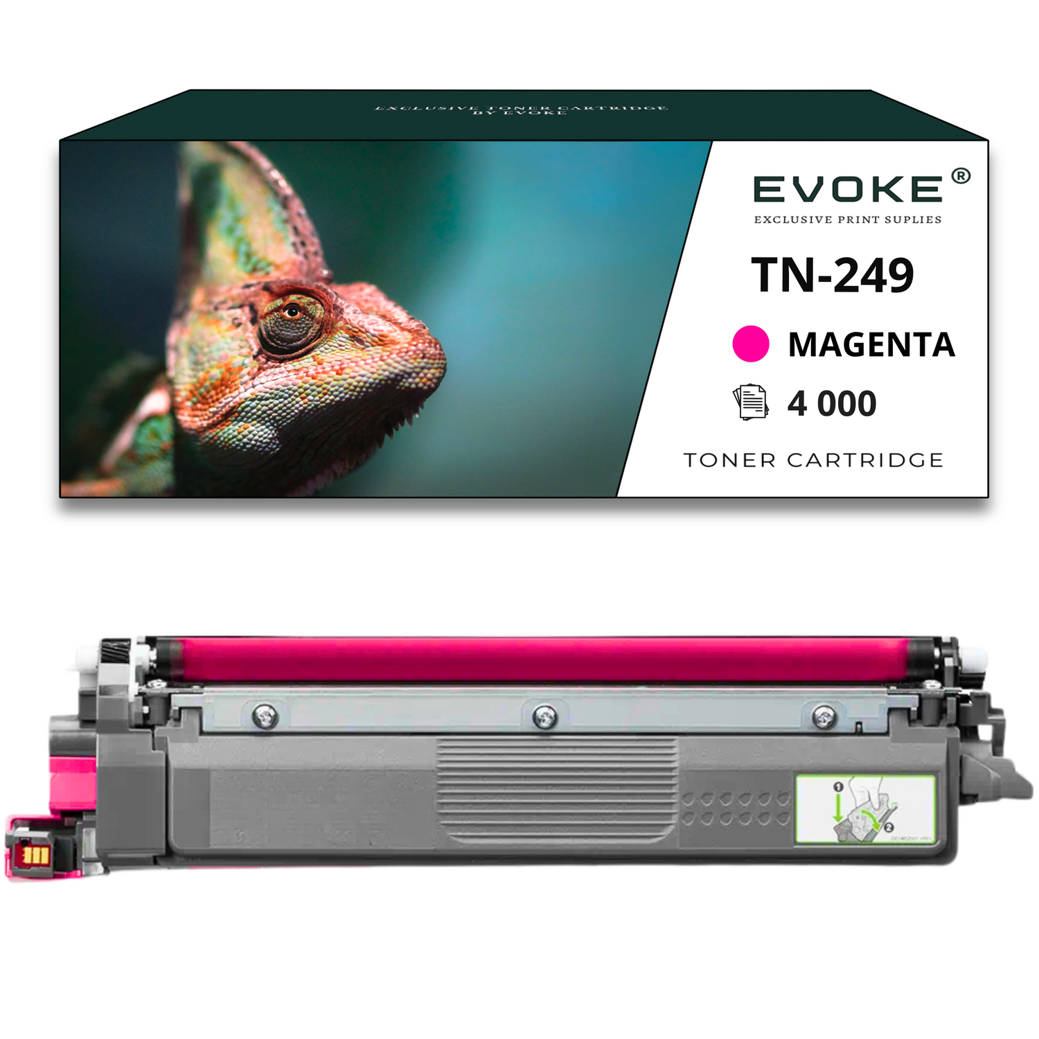 Kameleon na pudełku z napisem 'EVOKE TN-249 Magenta Toner Cartridge'. Poniżej magenta wkład z tonerem.