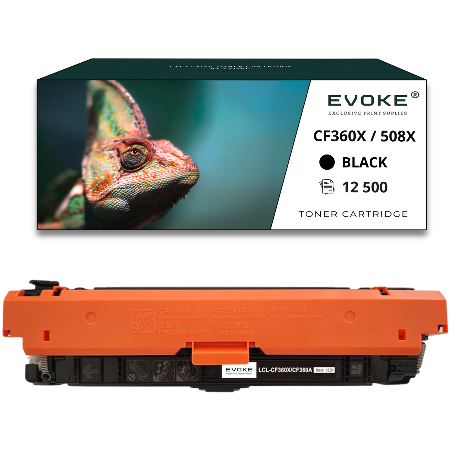 Kameleon na pudełku z wkładem do drukarki. Pudełko znajduje się nad pomarańczowym wkładem do drukarki.