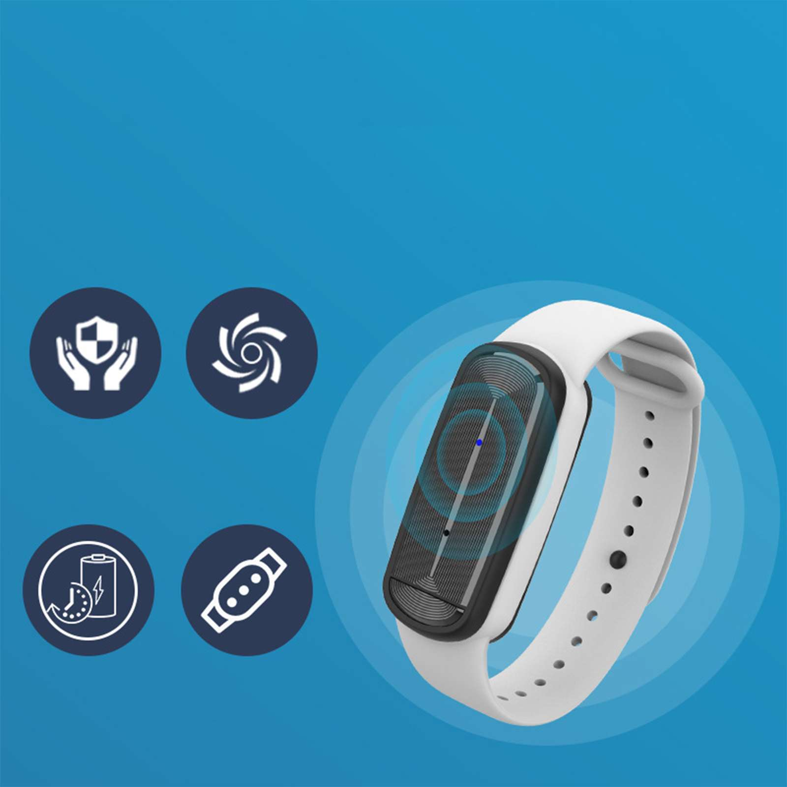 Weiße Smartwatch auf blauem Hintergrund. Icons darum. Armband mit Löchern. Schwarzes und graues Zifferblatt.