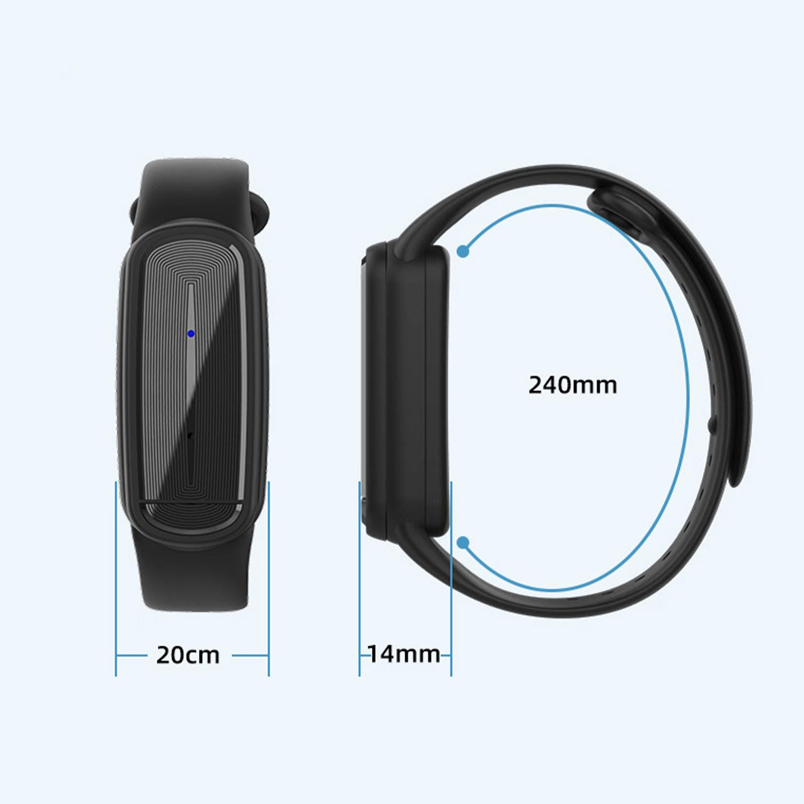 Schwarzer Fitnesstracker mit Maßangaben. 20 cm lang, 14 mm dick. Blaue Messlinien.