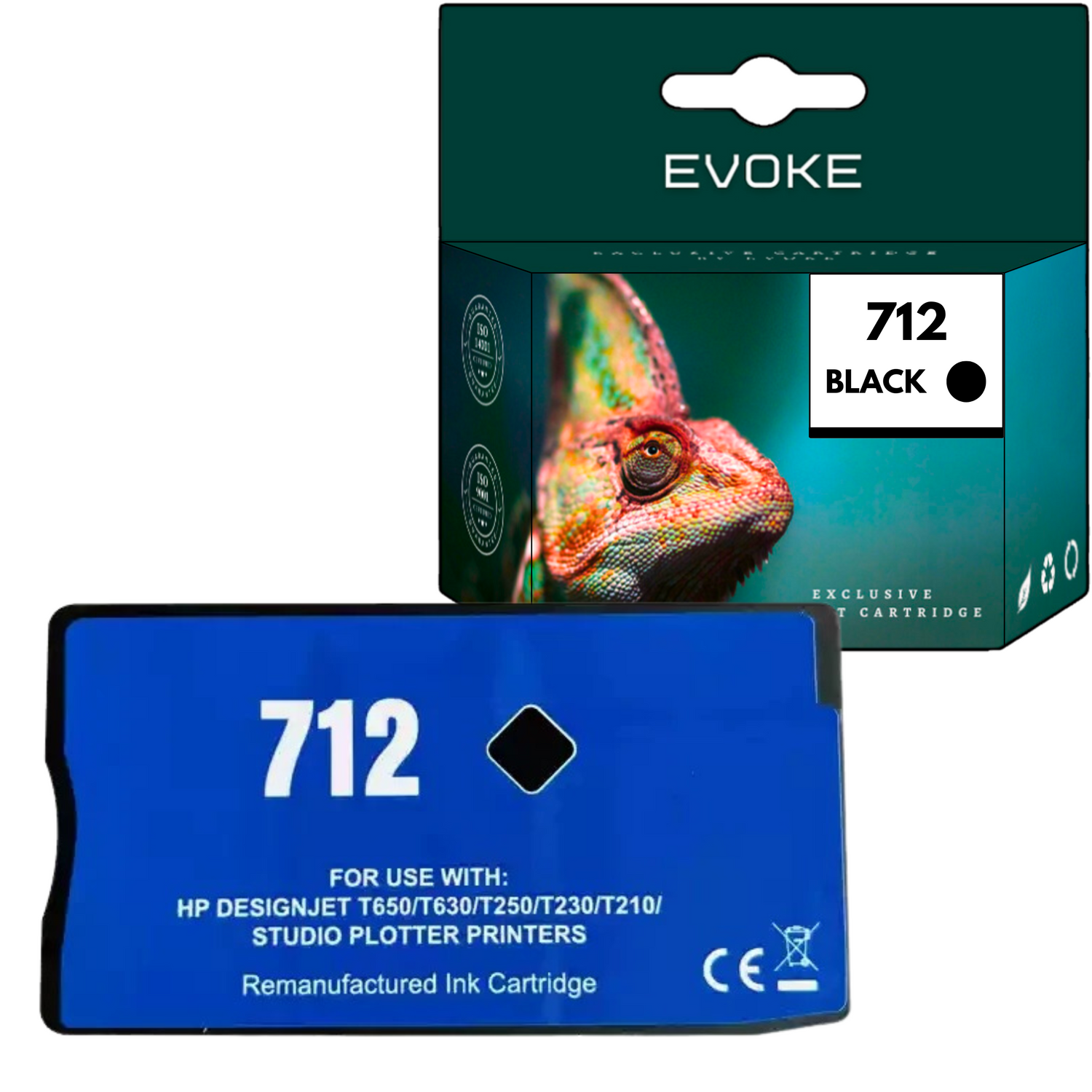 Obraz przedstawia wkład atramentowy i pudełko. Wkład jest niebieski z numerem 712. Pudełko ma wizerunek kameleona.