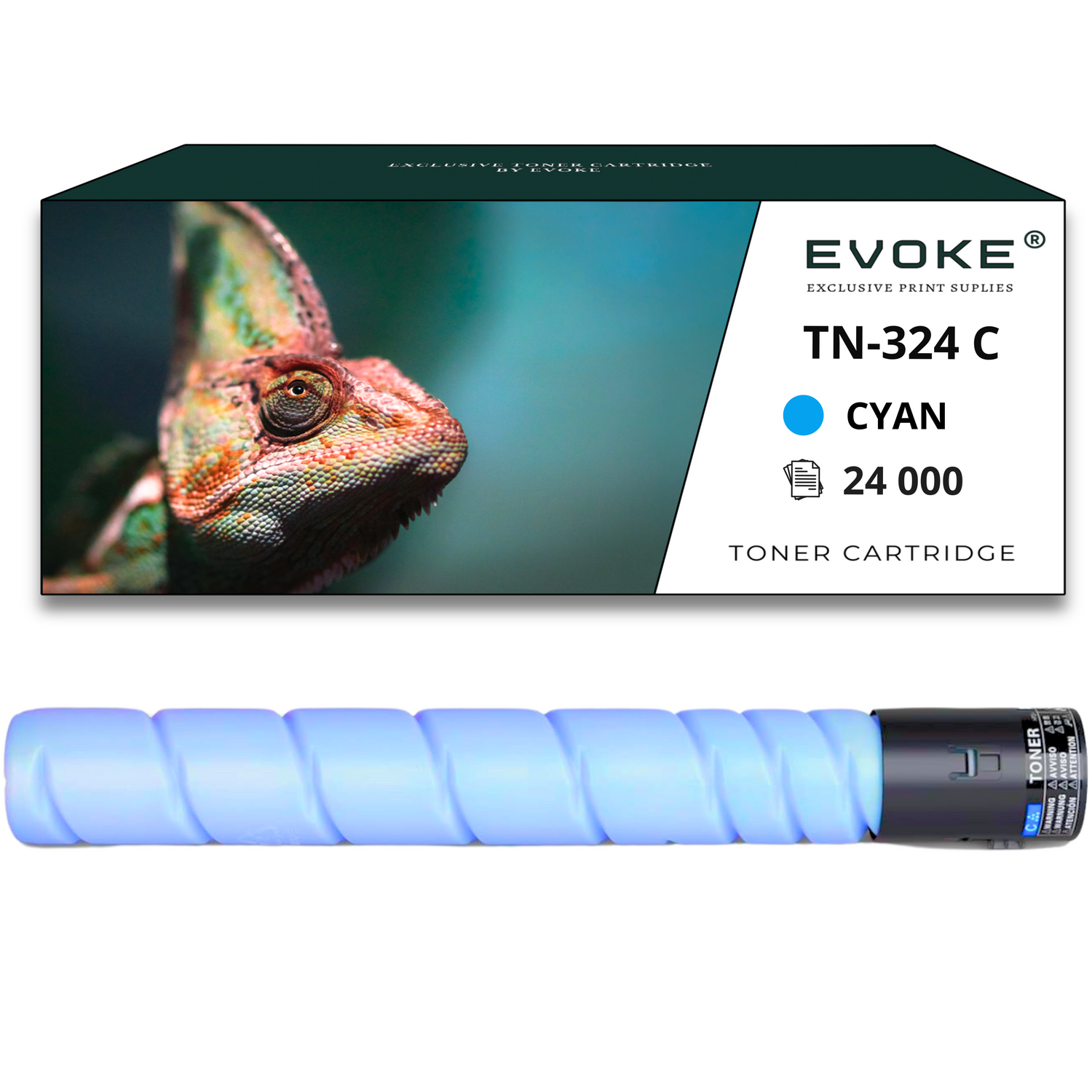 Obraz przedstawia pudełko z tonerem z kameleonem i samą kasetą. Pudełko podkreśla toner 'CYAN'.