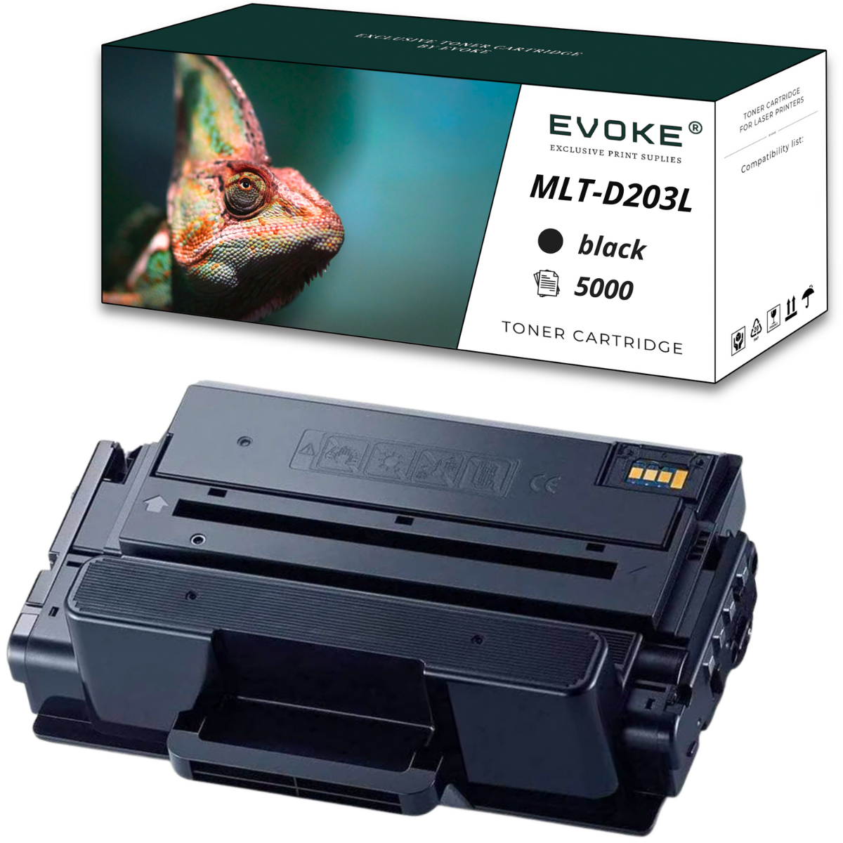 Una scatola di cartucce toner con un'immagine di camaleonte e una cartuccia toner nera sotto.