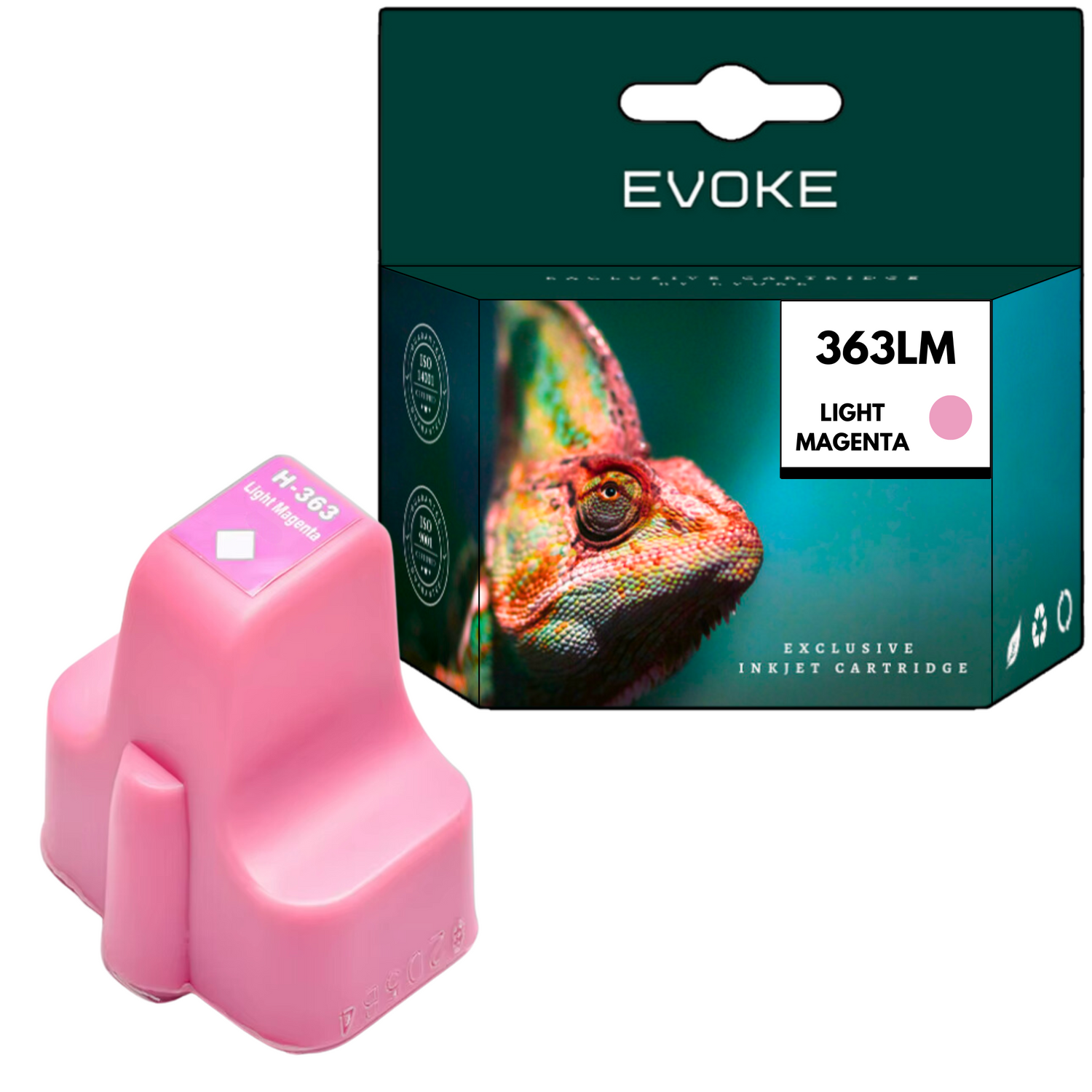 Różowy wkład atramentowy i pudełko. Na pudełku zdjęcie kameleona. Tekst na pudełku brzmi '363LM Light Magenta'.