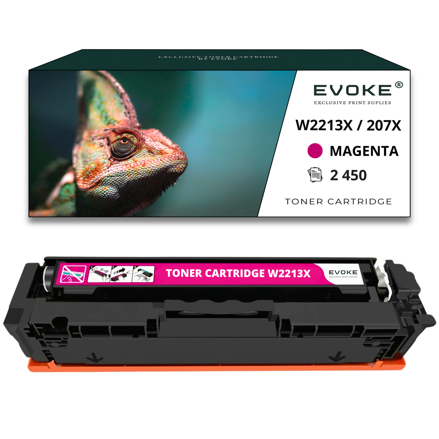 Obraz przedstawia pudełko z tonerem z kameleonem i samym wkładem. Tekst: Toner magenta, W2213X/207X, 2450.