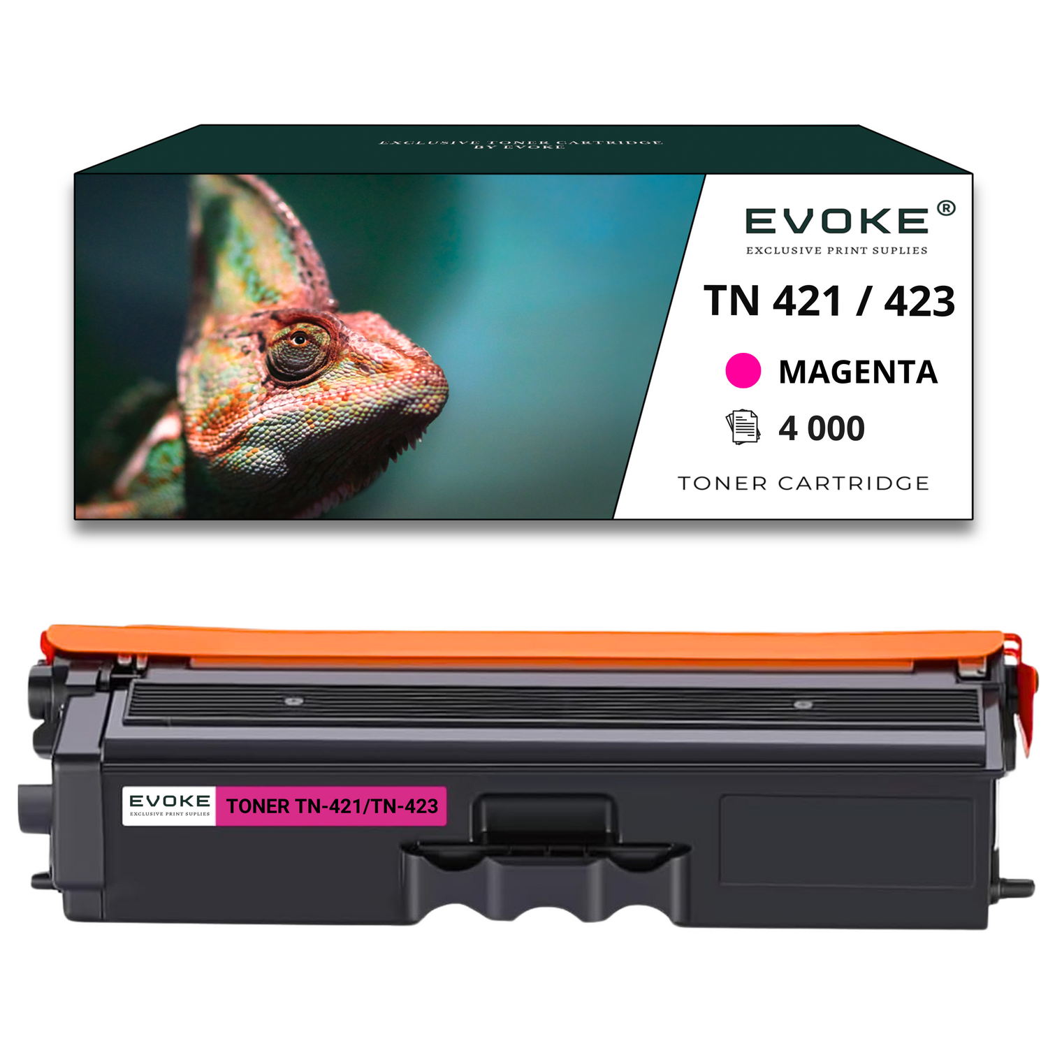 Kameleon na pudełku ze szczegółami produktu. Poniżej czarny toner z pomarańczowymi akcentami.