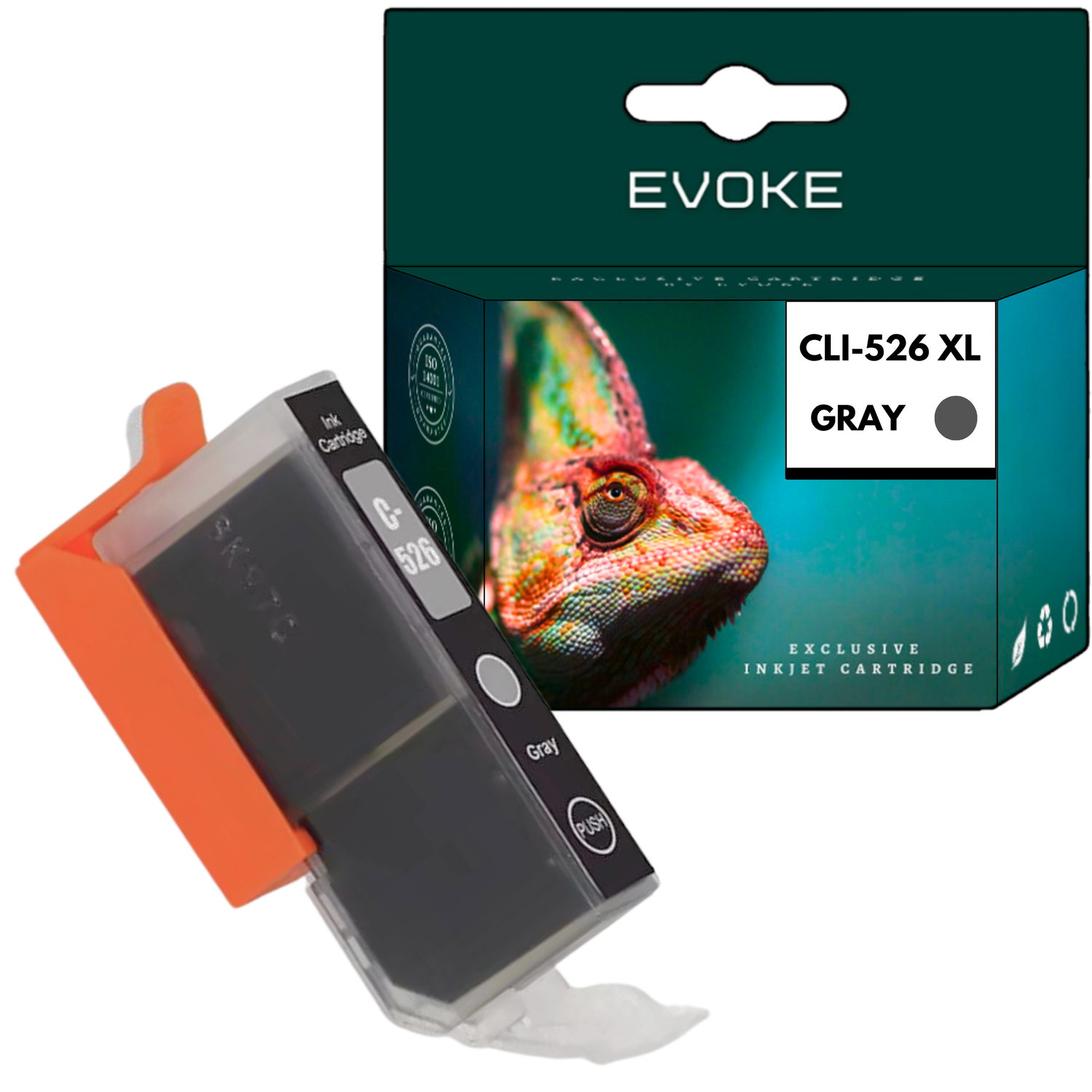 Wyświetlany jest wkład atramentowy z pomarańczowym uchwytem. Opakowanie przedstawia kameleona i tekst: CLI-526 XL GRAY.