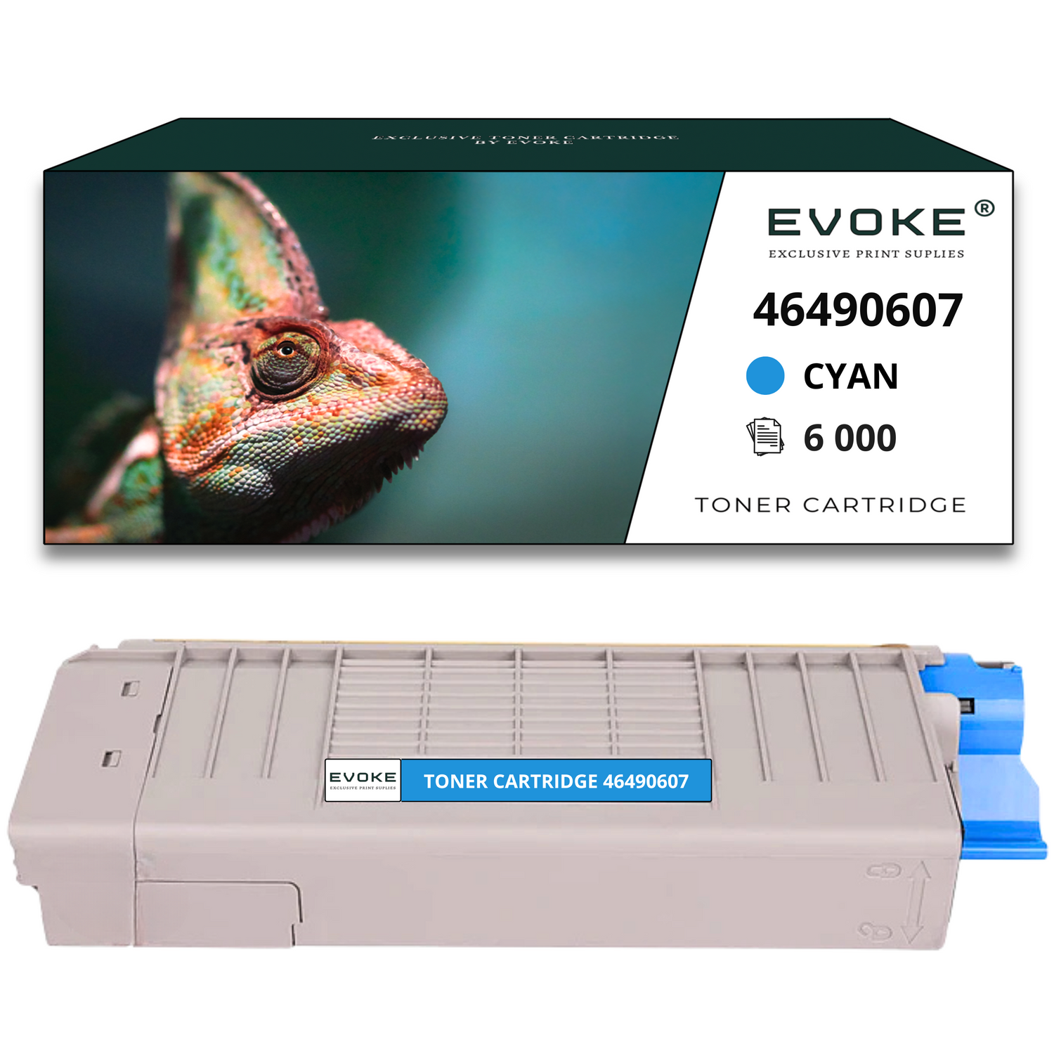 Kameleon na pudełku ze szczegółami produktu. Poniżej znajduje się wkład z tonerem. Produkt jest cyjanowy.