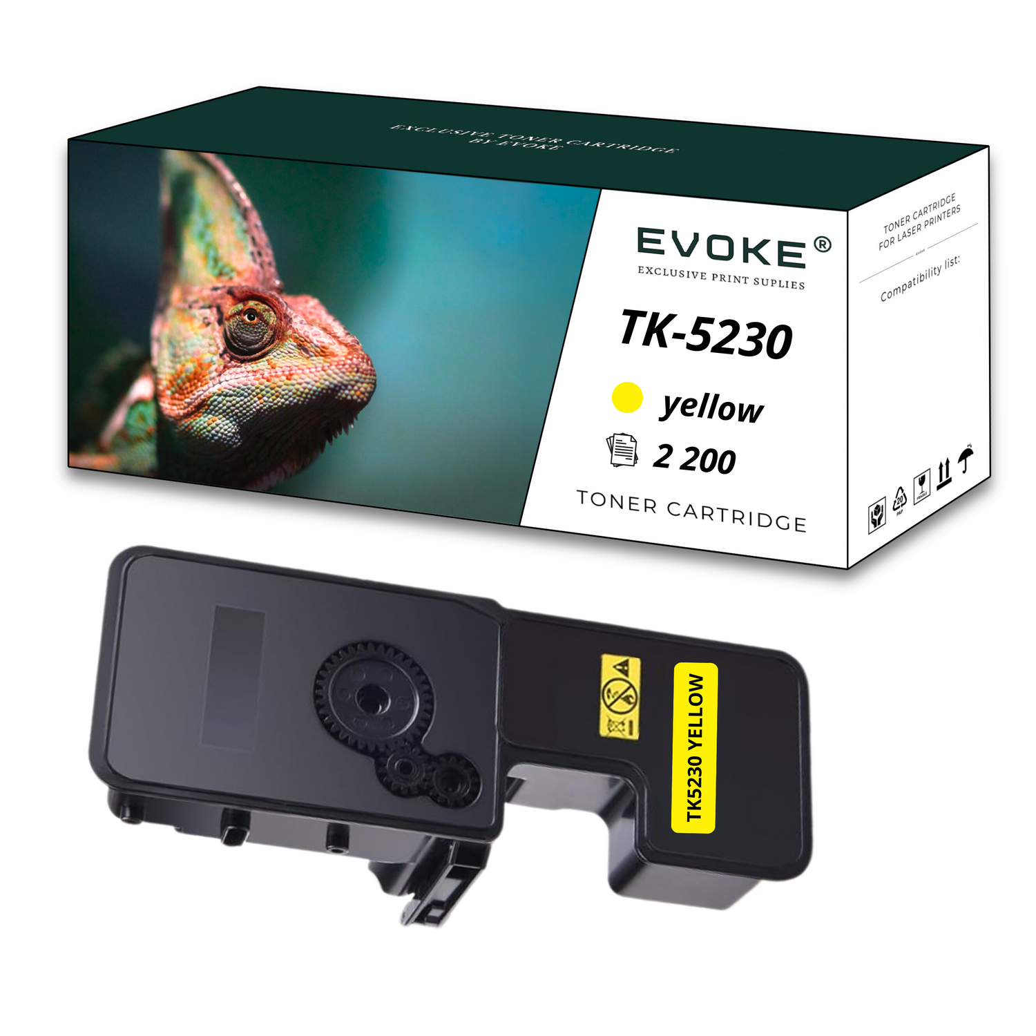 Obraz przedstawia pudełko z tonerem z kameleonem, a także czarny i żółty wkład z tonerem.