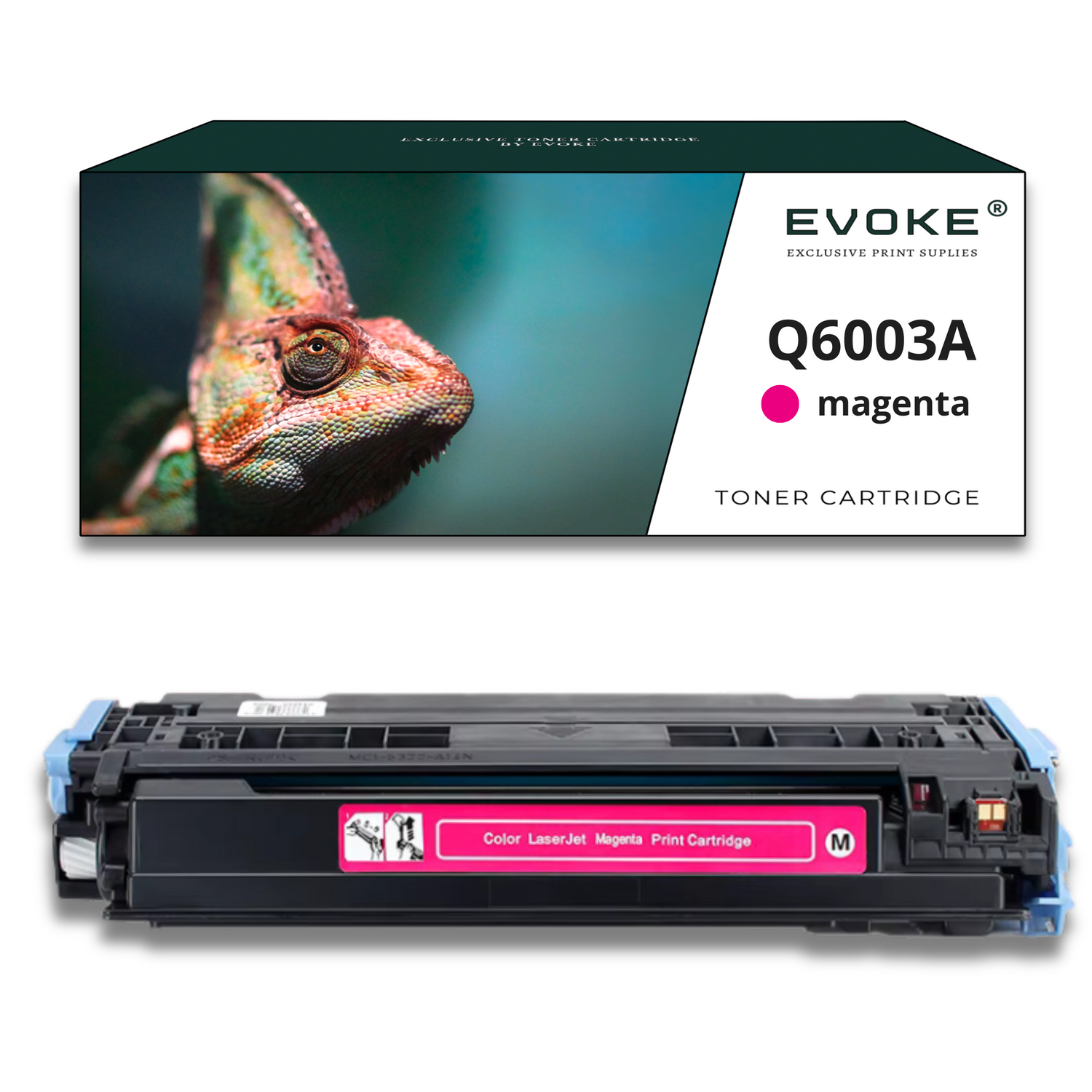Kameleon na pudełku z "EVOKE" i "Q6003A magenta toner". Poniżej magenta wkład do drukarki.