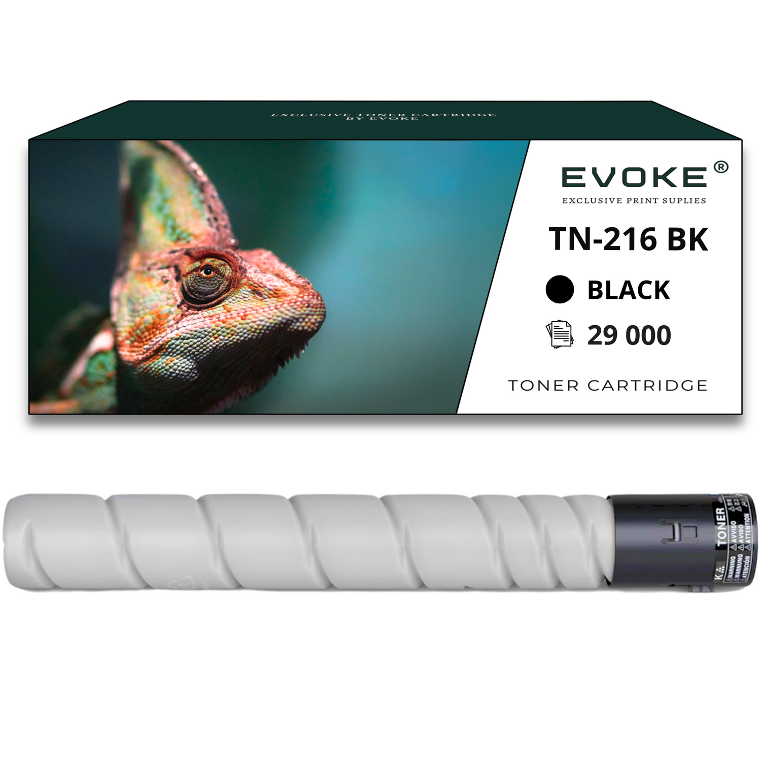 Kameleon na zielonym tle obok pudełka z tonerem z napisem EVOKE TN-216 BK Black i wkładu z tonerem.