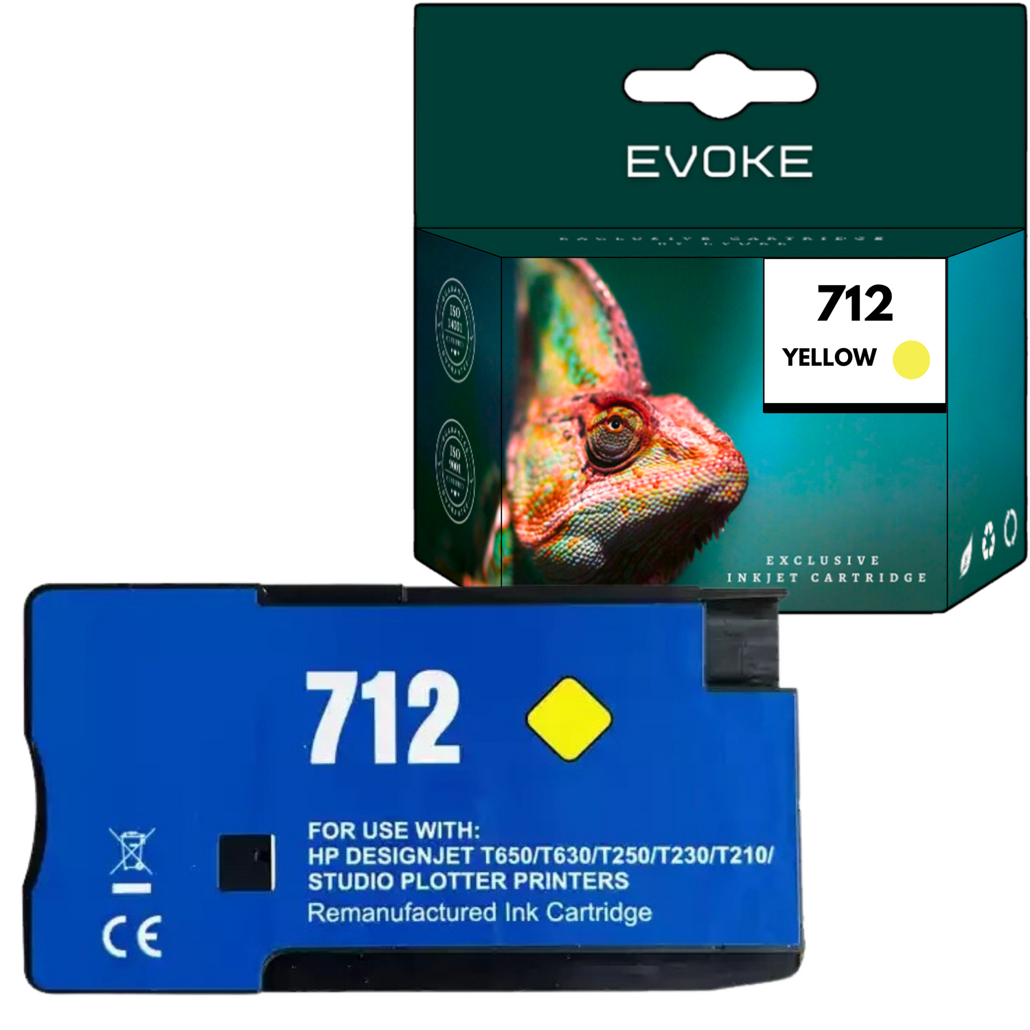 Niebieski wkład atramentowy z numerem 712 i żółtym rombem. Pudełko z kameleonem i napisem EVOKE.