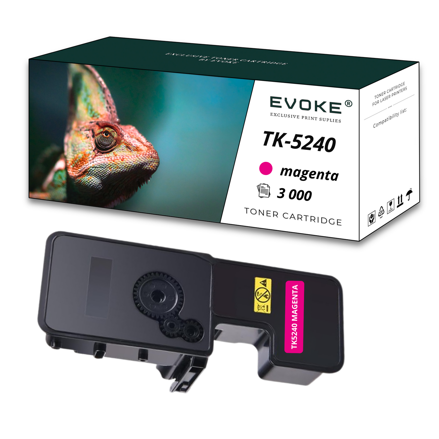 Obraz przedstawia pudełko z tonerem i wkład. Pudełko ma kameleona i tekst. Wkład jest czarny z etykietą w kolorze magenta.