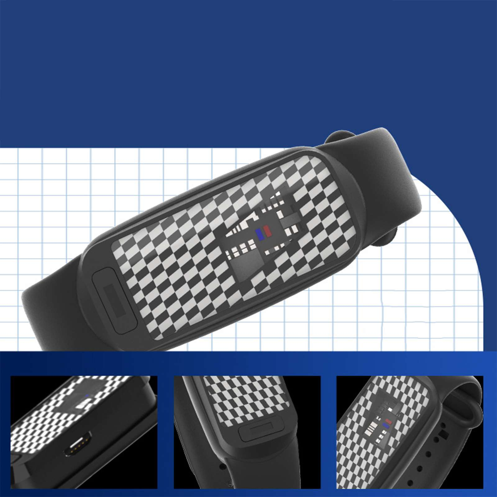 Nahaufnahme einer schwarzen Smartwatch mit kariertem Bildschirm und blau-roter Anzeige. Blauer Gitterhintergrund.