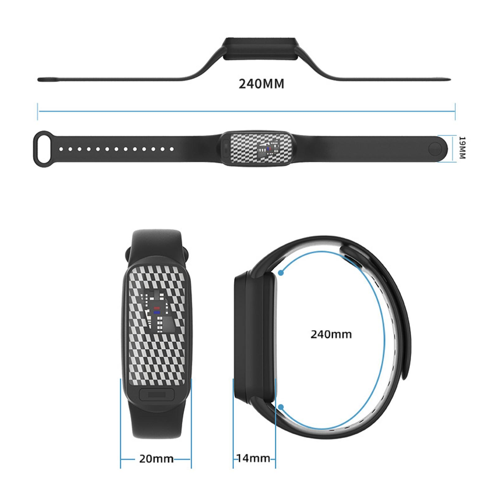 Schwarzer Fitnesstracker, Maße sind angegeben. Oben: Band. Mitte: Tracker mit Display. Unten: Handgelenkansicht und Seitenansicht.