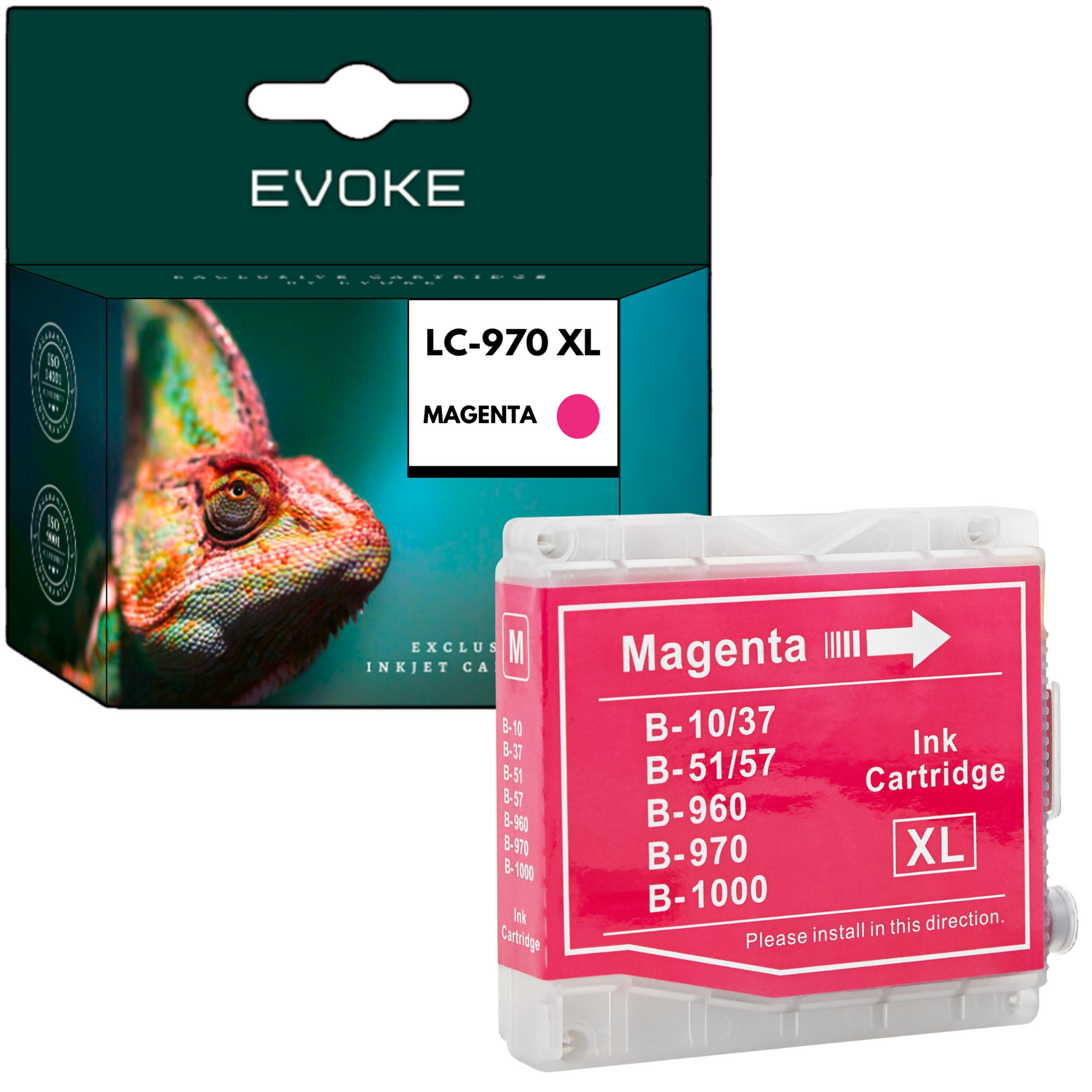 Pudełko ze zdjęciem kameleona i magenta wkładem atramentowym. Oba są oznaczone informacjami o produkcie. Na wkładzie napis 'Magenta'.