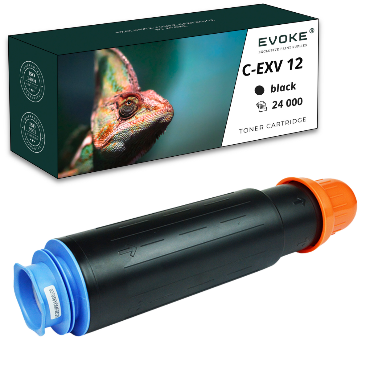 Toner z pudełkiem z kameleonem. Wkład jest czarny z niebieskimi i pomarańczowymi elementami. Tekst zawiera 'C-EXV 12 black'.