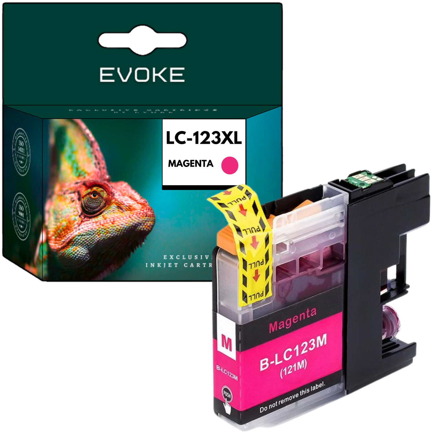 Wkład z tuszem w kolorze magenta z pudełkiem przedstawiającym kameleona. Wkład ma etykiety 'Magenta' i 'B-LC123M'.