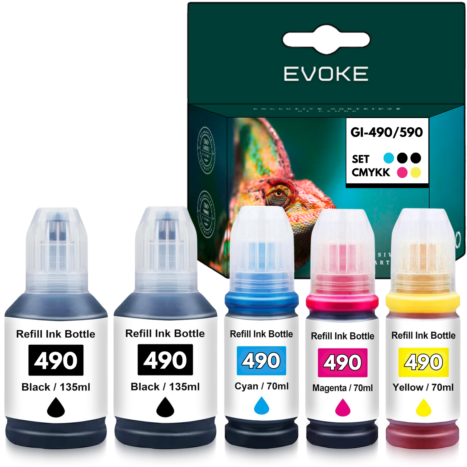 Zestaw butelek z tuszem: czarny, cyjanowy, magenta i żółty. Pudełko przedstawia kameleona. Etykiety wskazują rodzaj i objętość tuszu.