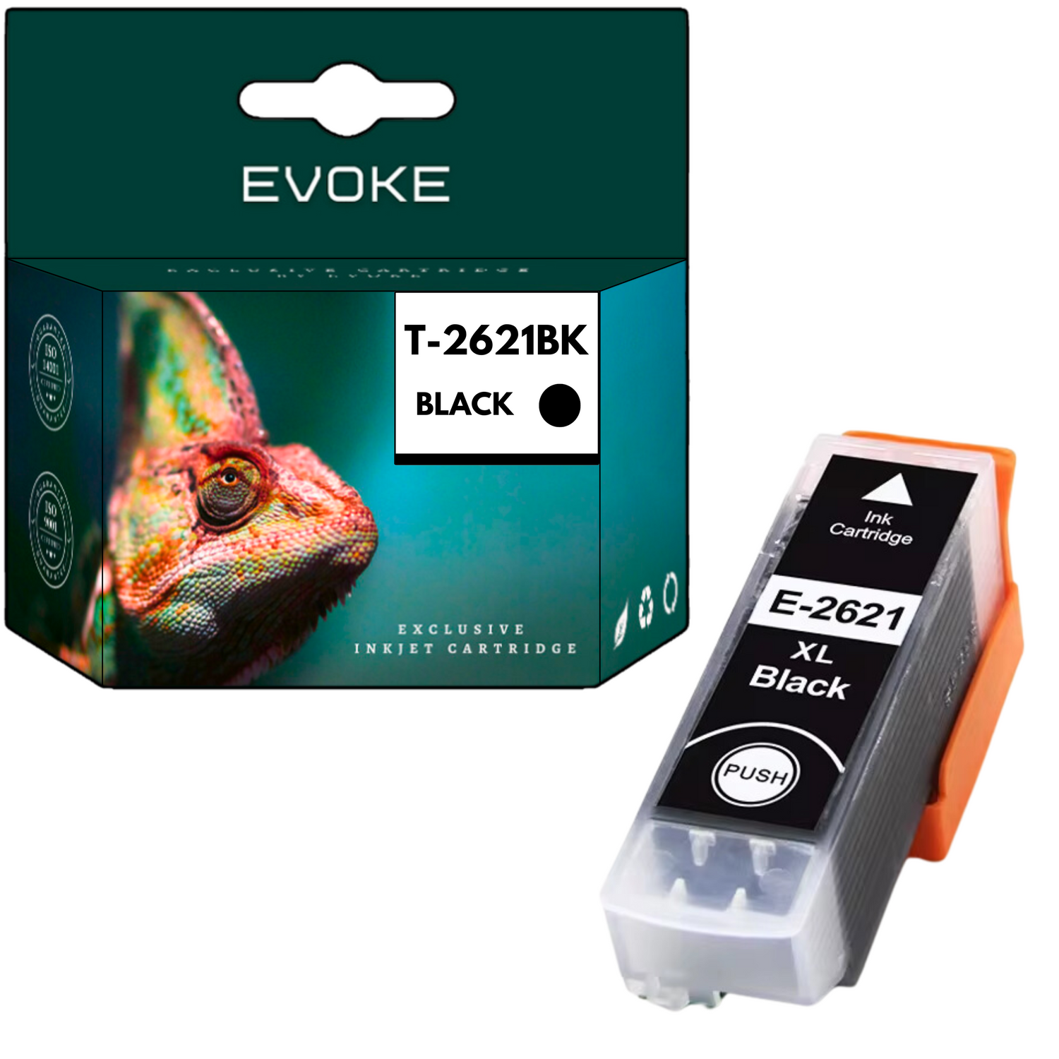 Pudełko ze zdjęciem kameleona i czarnym wkładem atramentowym. Wkład oznaczony jest jako E-2621 XL Black.