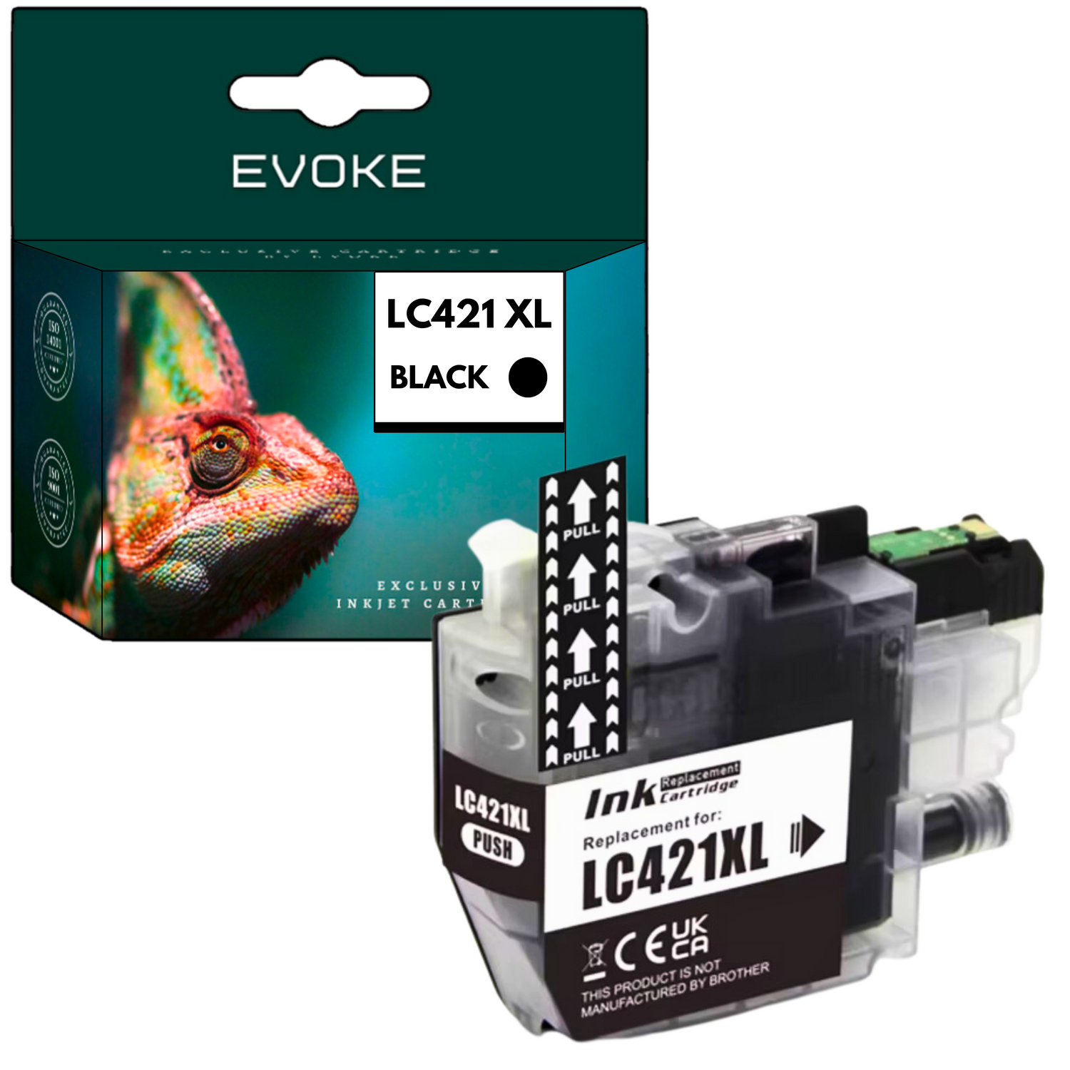 Obraz przedstawia wkład atramentowy i jego pudełko. Pudełko ma wizerunek kameleona. Wkład jest czarny, oznaczony 'LC421XL' i 'PULL'.