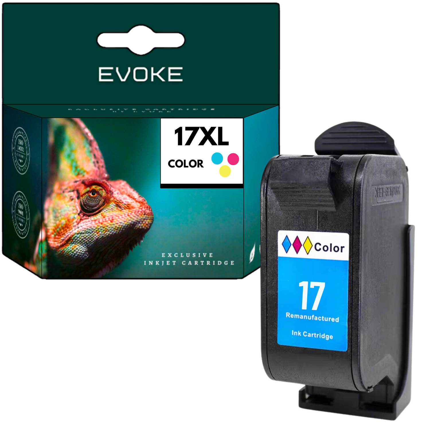 Pudełko z wkładem atramentowym ze zdjęciem kameleona i czarny wkład atramentowy z napisem '17'. Na pudełku napis 'EVOKE' i 'COLOR'.