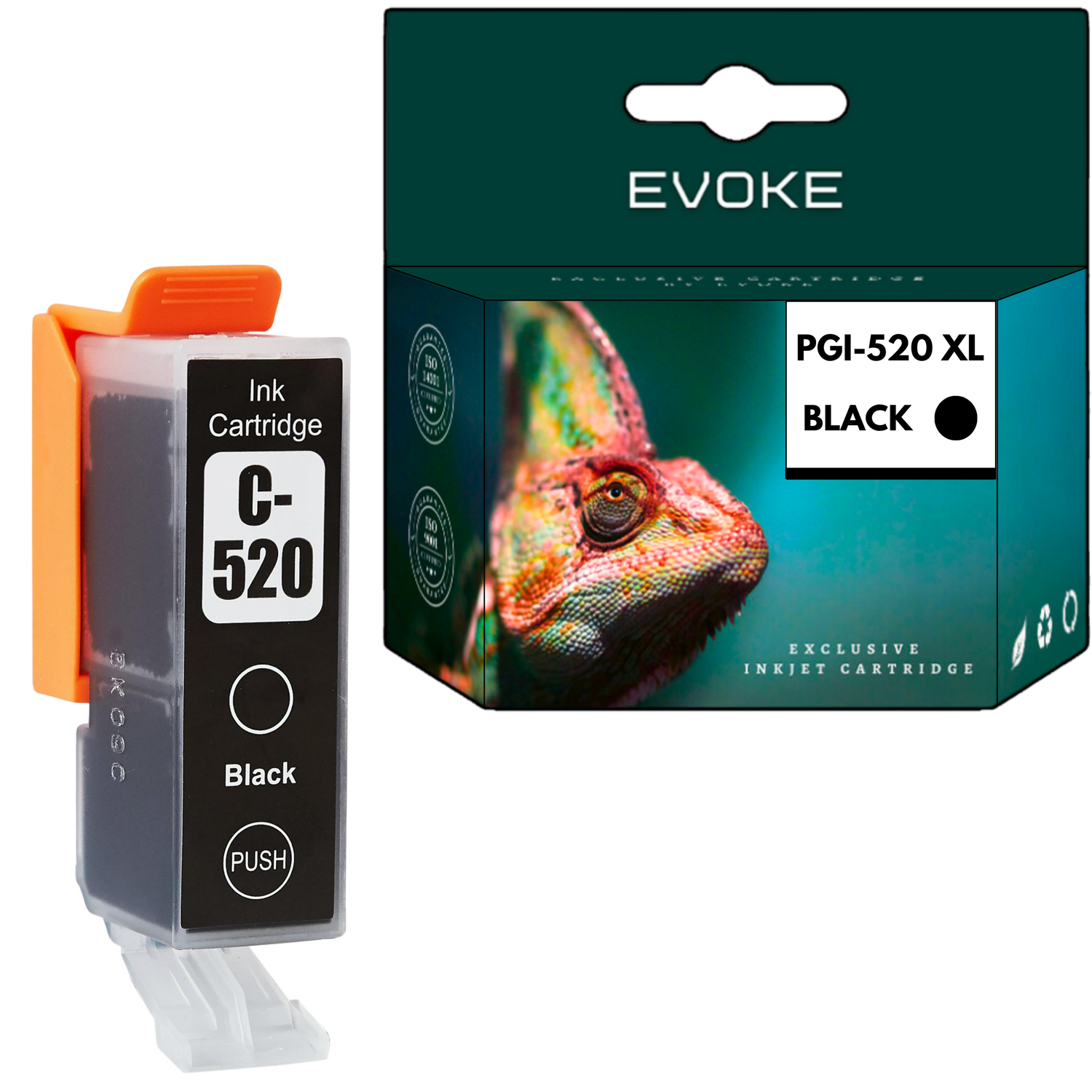 Kartridż z pomarańczowym uchwytem i czarnym tuszem. Obok pudełko z głową kameleona i napisem PGI-520 XL BLACK.