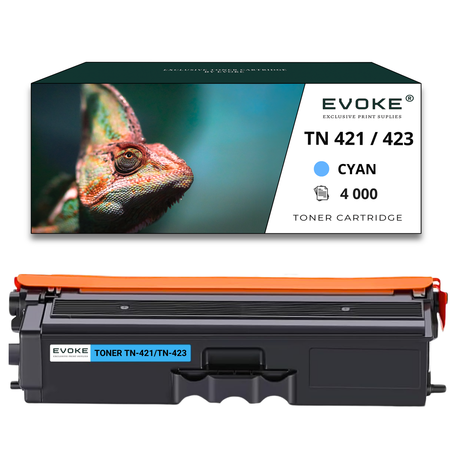 Obraz przedstawia toner z ilustracją kameleona na pudełku. Tekst mówi 'TN 421/423 CYAN' i '4000'.