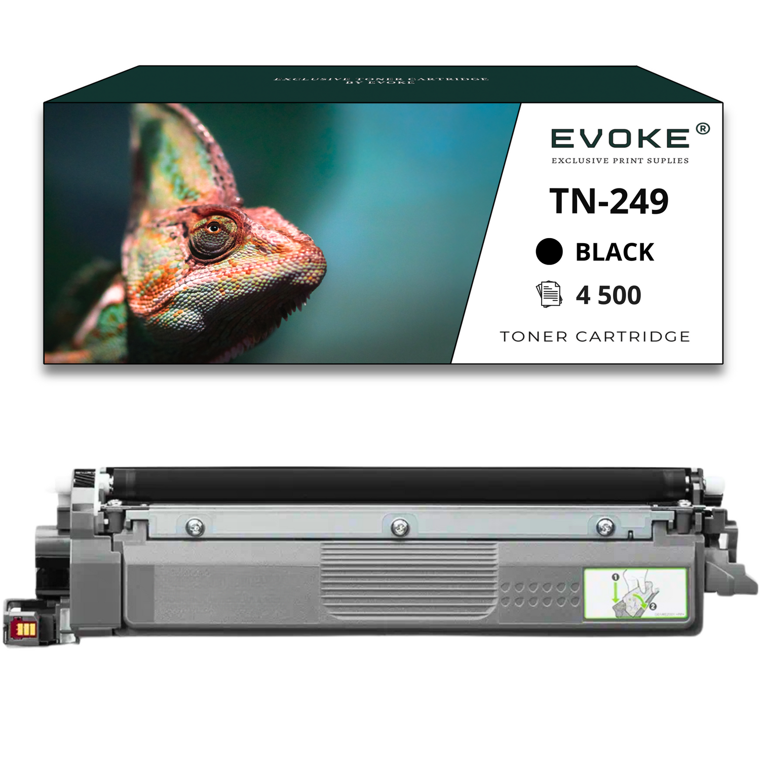 Kameleon na pudełku z napisem 'EVOKE TN-249 BLACK 4500 Toner Cartridge' z wkładem do drukarki poniżej.