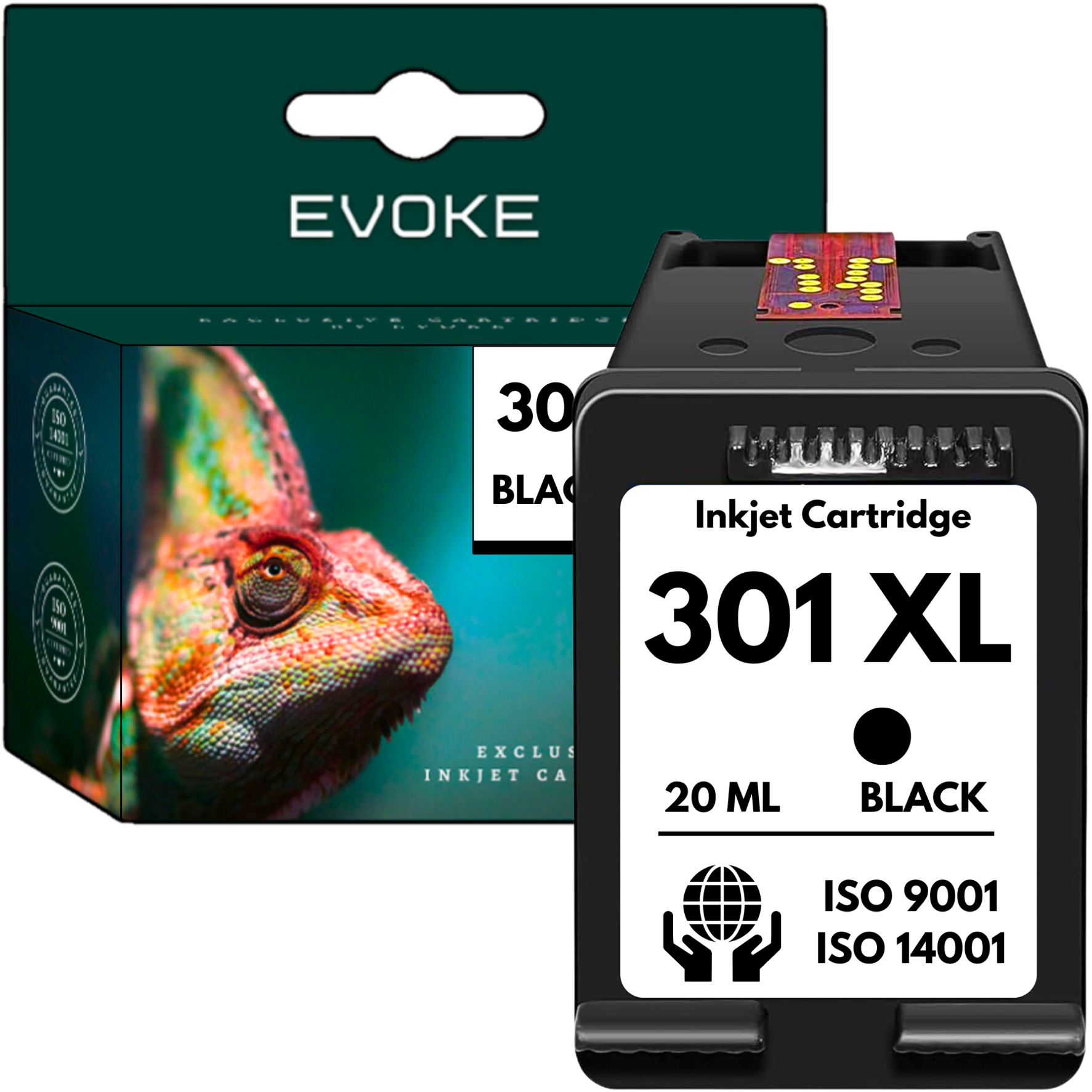 Obraz przedstawia pudełko z wkładem atramentowym Evoke z kameleonem i czarnym wkładem 301 XL.