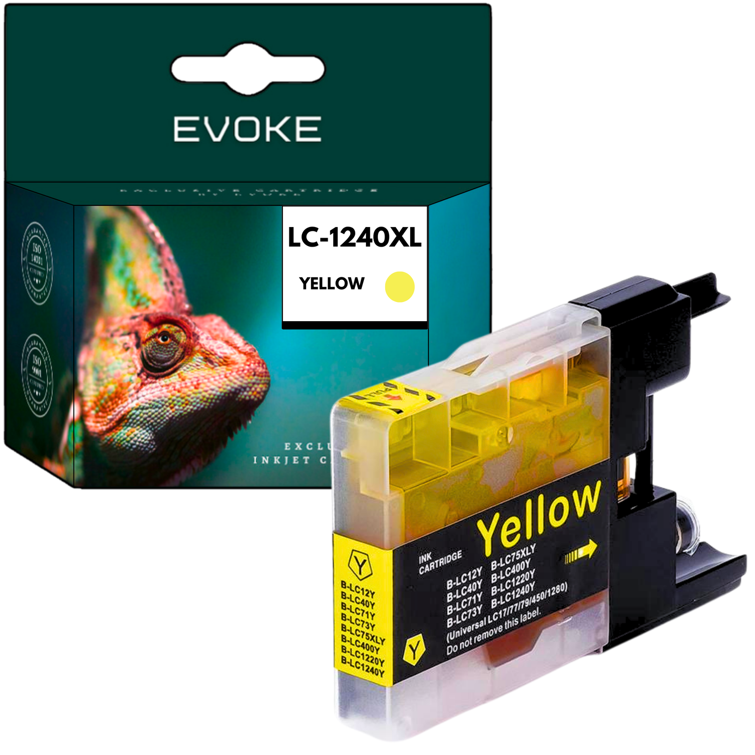 Na zdjęciu znajduje się żółty wkład atramentowy i pudełko. Na pudełku znajduje się wizerunek kameleona i napisy 'EVOKE' oraz 'LC-1240XL'.
