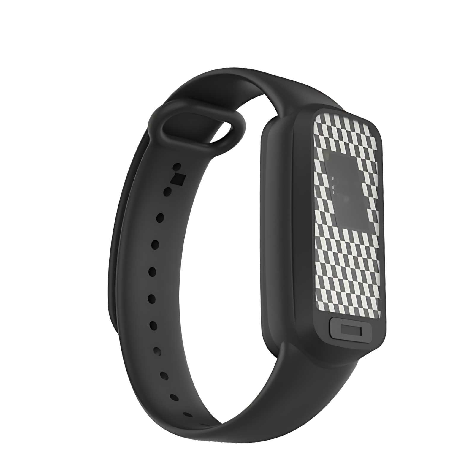 Ein schwarzer Fitnesstracker mit kariertem Display. Es hat eine Taste unter dem Bildschirm und ein Armband mit Löchern.
