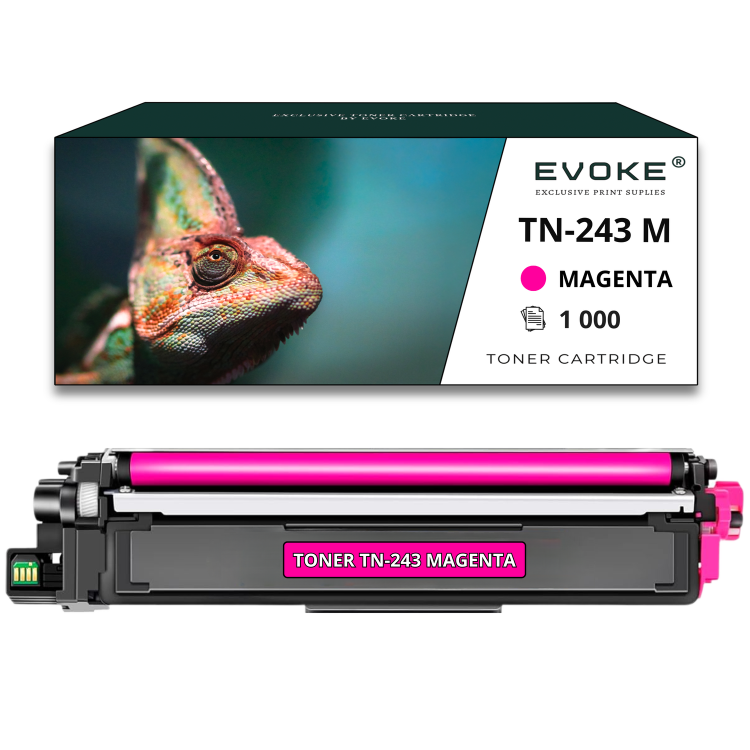 Kameleon na pudełku z tonerem w kolorze magenta z etykietą 'TN-243 M MAGENTA'.