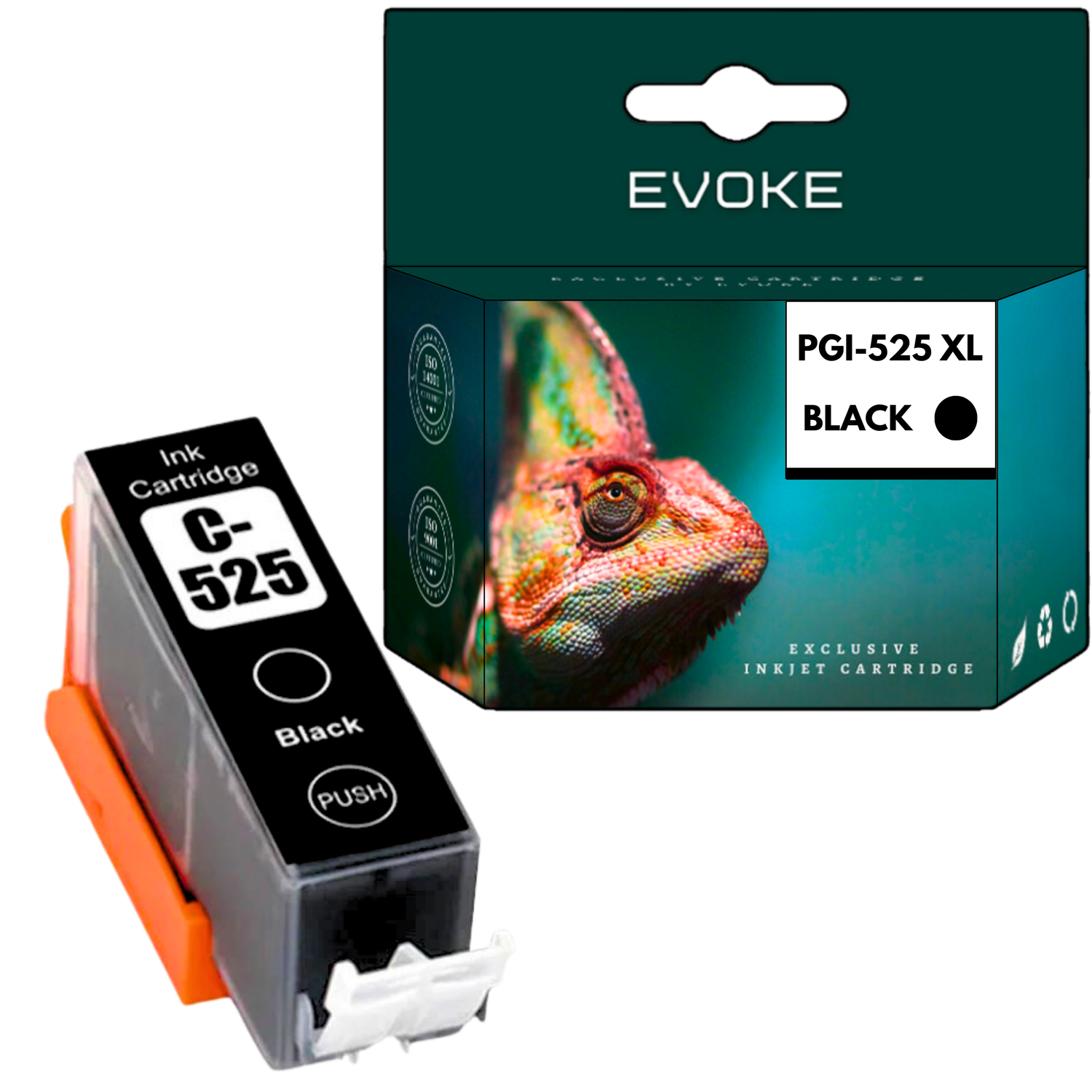 Wkład atramentowy z napisem 'C-525 Black' i pudełko z kameleonem. Na pudełku napis 'PGI-525 XL BLACK' i 'EVOKE'.