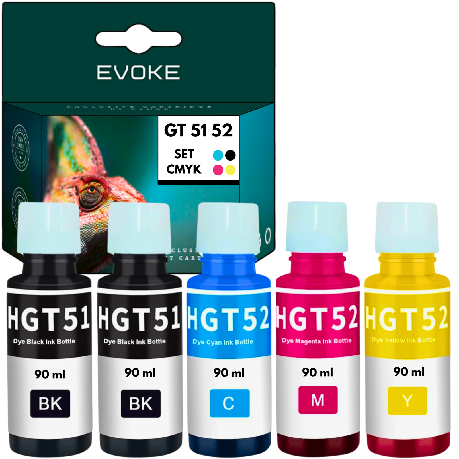 Zestaw butelek z tuszem (CMYK) ze zdjęciem kameleona w tle. Każda butelka jest oznaczona kolorem i objętością.