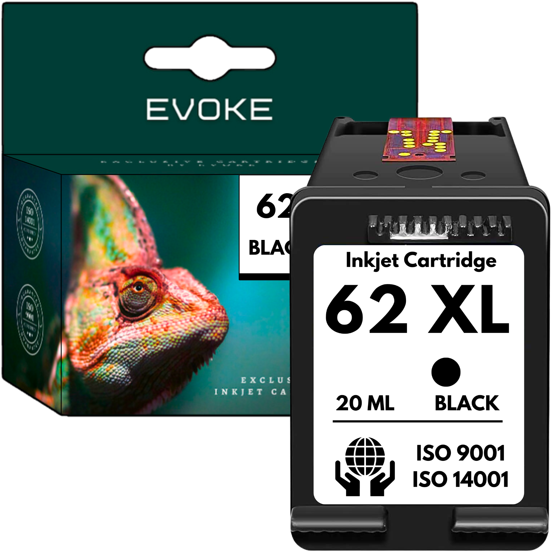 Pudełko z wkładem atramentowym ze zdjęciem kameleona, obok czarnego wkładu atramentowego z napisem 62 XL czarny, z certyfikatami ISO.