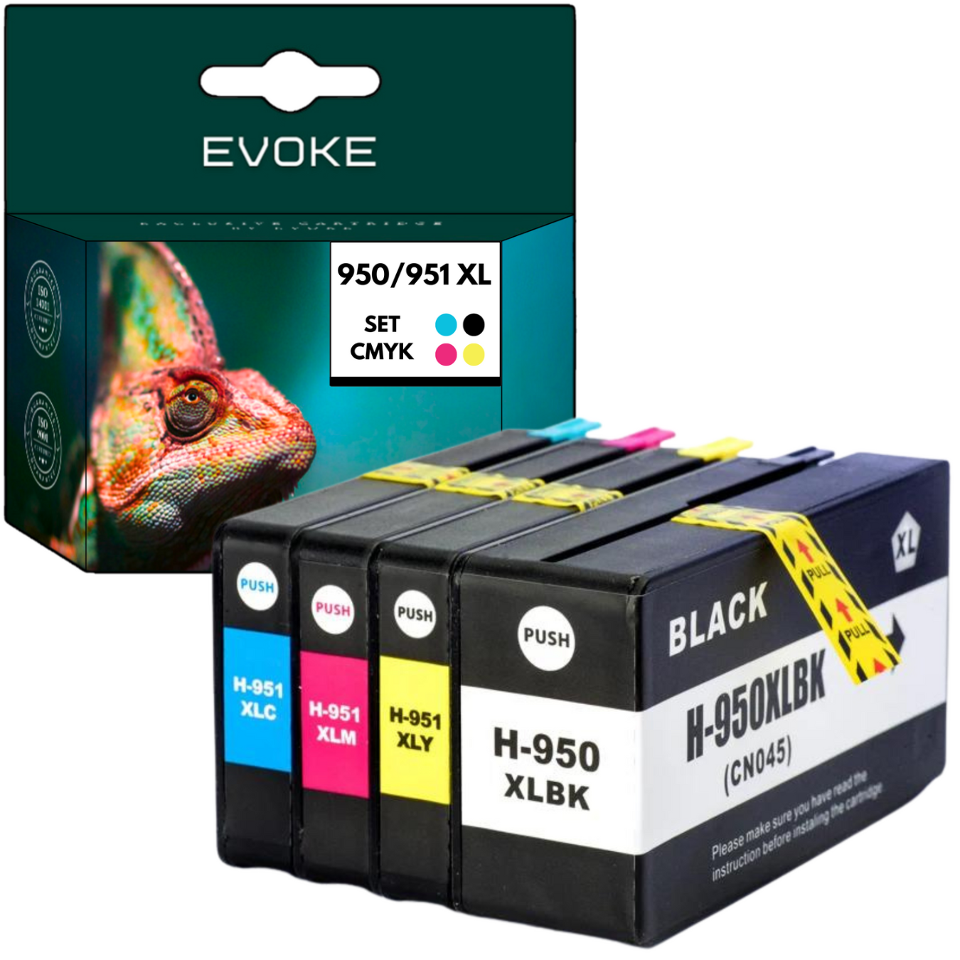 Zestaw wkładów atramentowych z pudełkiem. Pudełko ma obraz kameleona. Wkłady są czarne, oznaczone kolorami i tekstem.