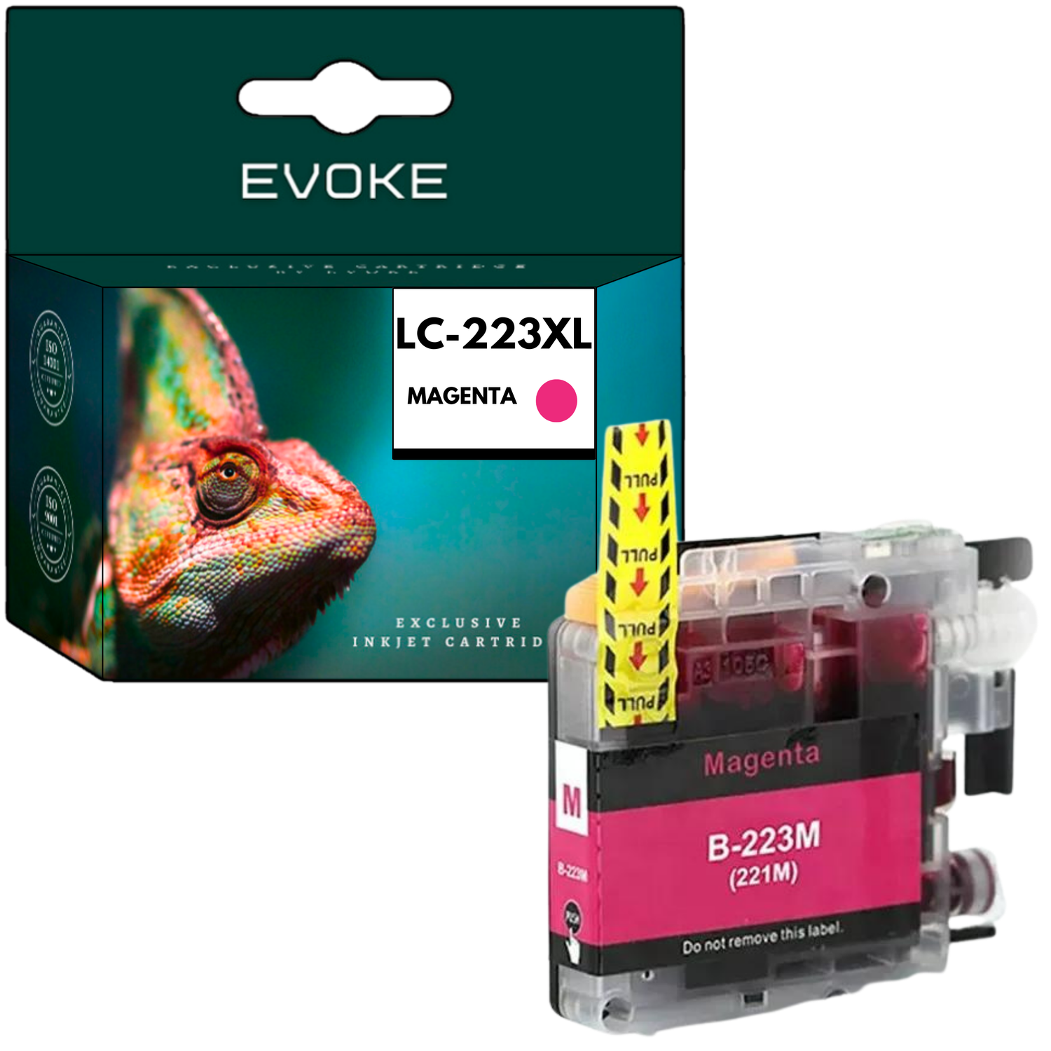 Magenta wkład atramentowy i pudełko. Pudełko ma wizerunek kameleona. Etykiety wskazują rodzaj atramentu.