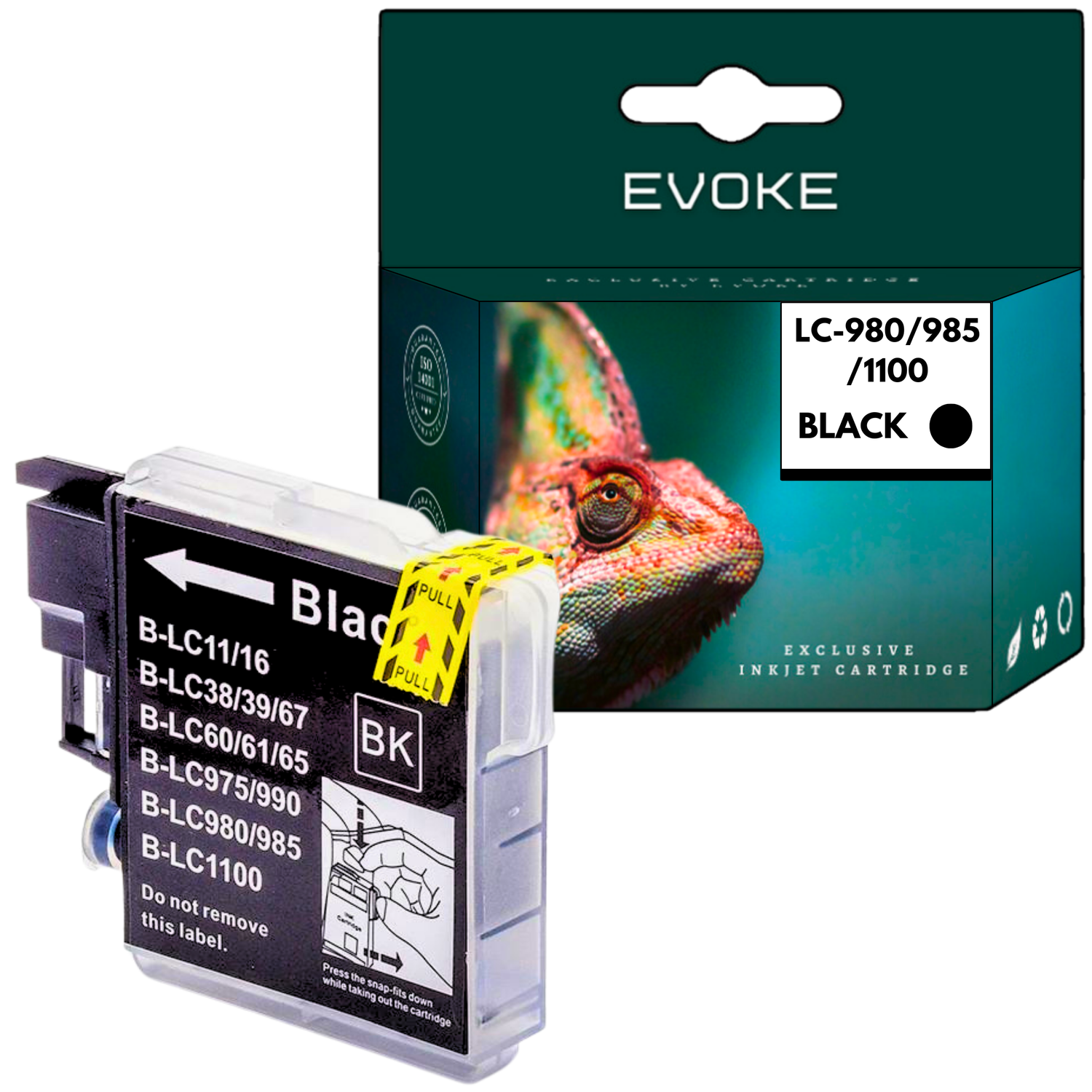 Czarny wkład atramentowy Evoke i pudełko. Na pudełku znajduje się wizerunek kameleona. Wkład oznaczony jest jako B-LC980/985 i zawiera instrukcje.