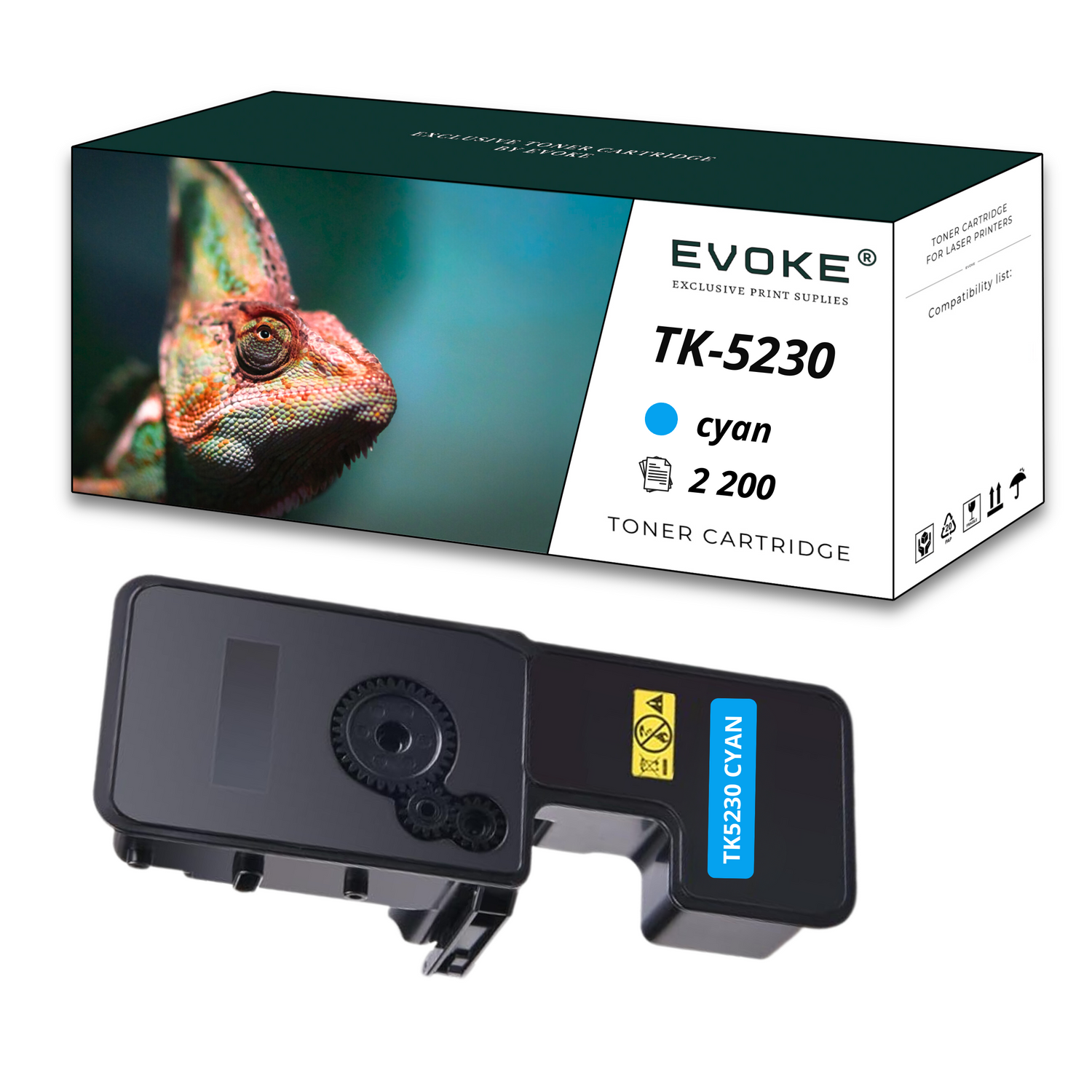 Kameleon na ciemnozielonym pudełku z napisem 'TK-5230 cyan wkład z tonerem' i czarnym wkładem z tonerem poniżej.