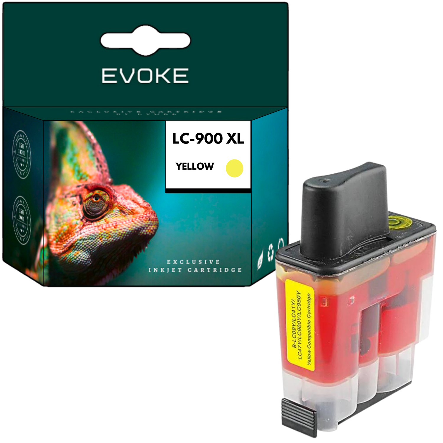 Pudełko ze zdjęciem kameleona i żółtym wkładem atramentowym. Wkład ma żółte, czerwone i czarne elementy. Na pudełku znajduje się napis "EVOKE".